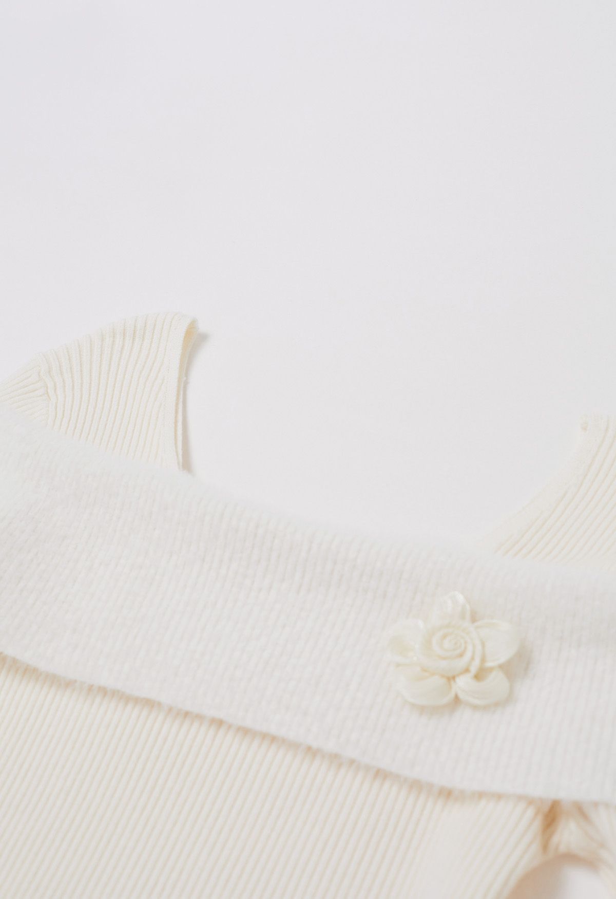 Folded Shoulder Flower Brooch Knit Top in Cream