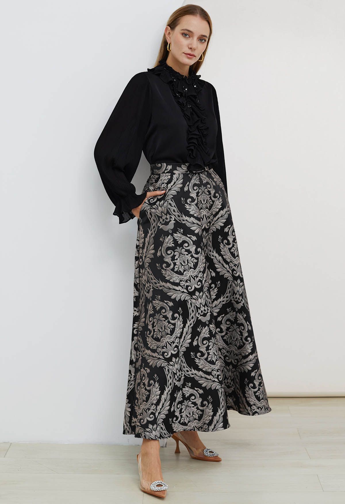 Intricate Baroque Jacquard Maxi Skirt - Retro, Indie and Unique Fashion