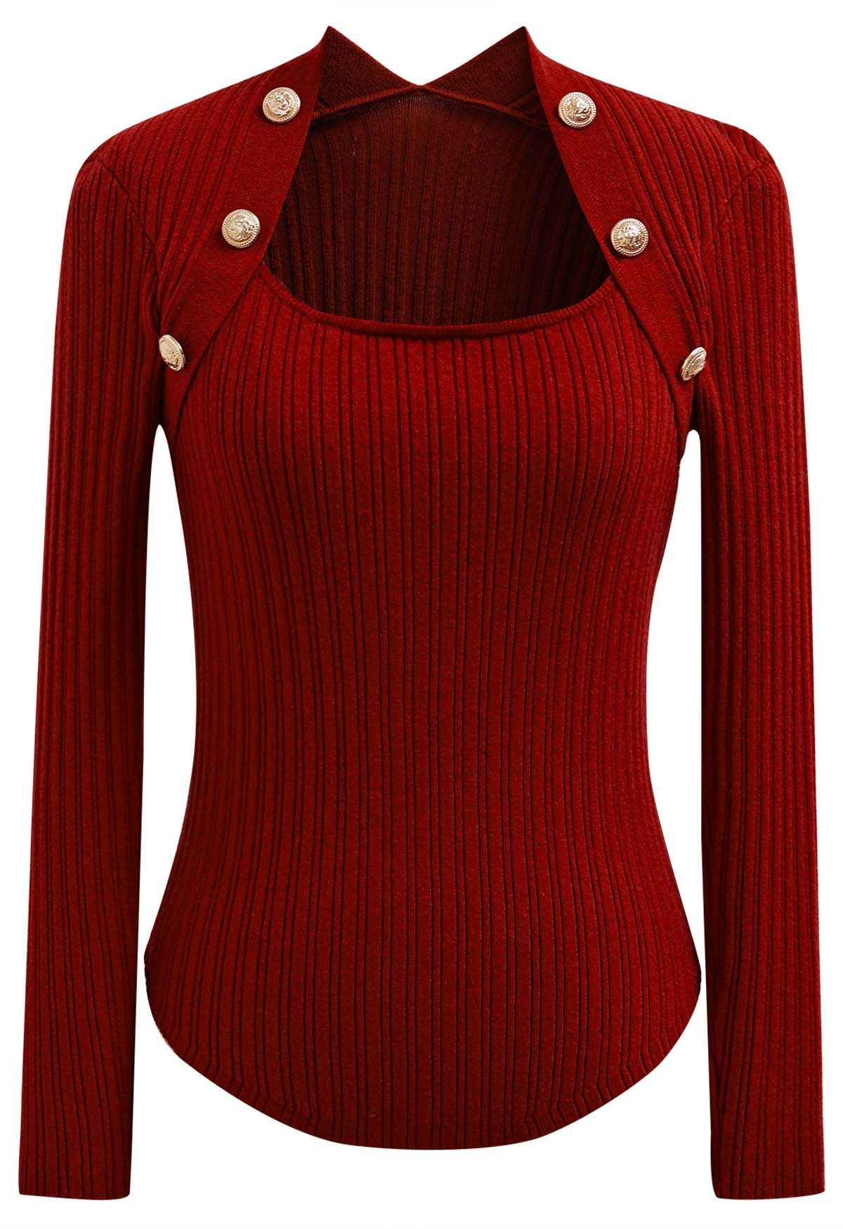 Button Embellished Square Neck Knit Top in Red