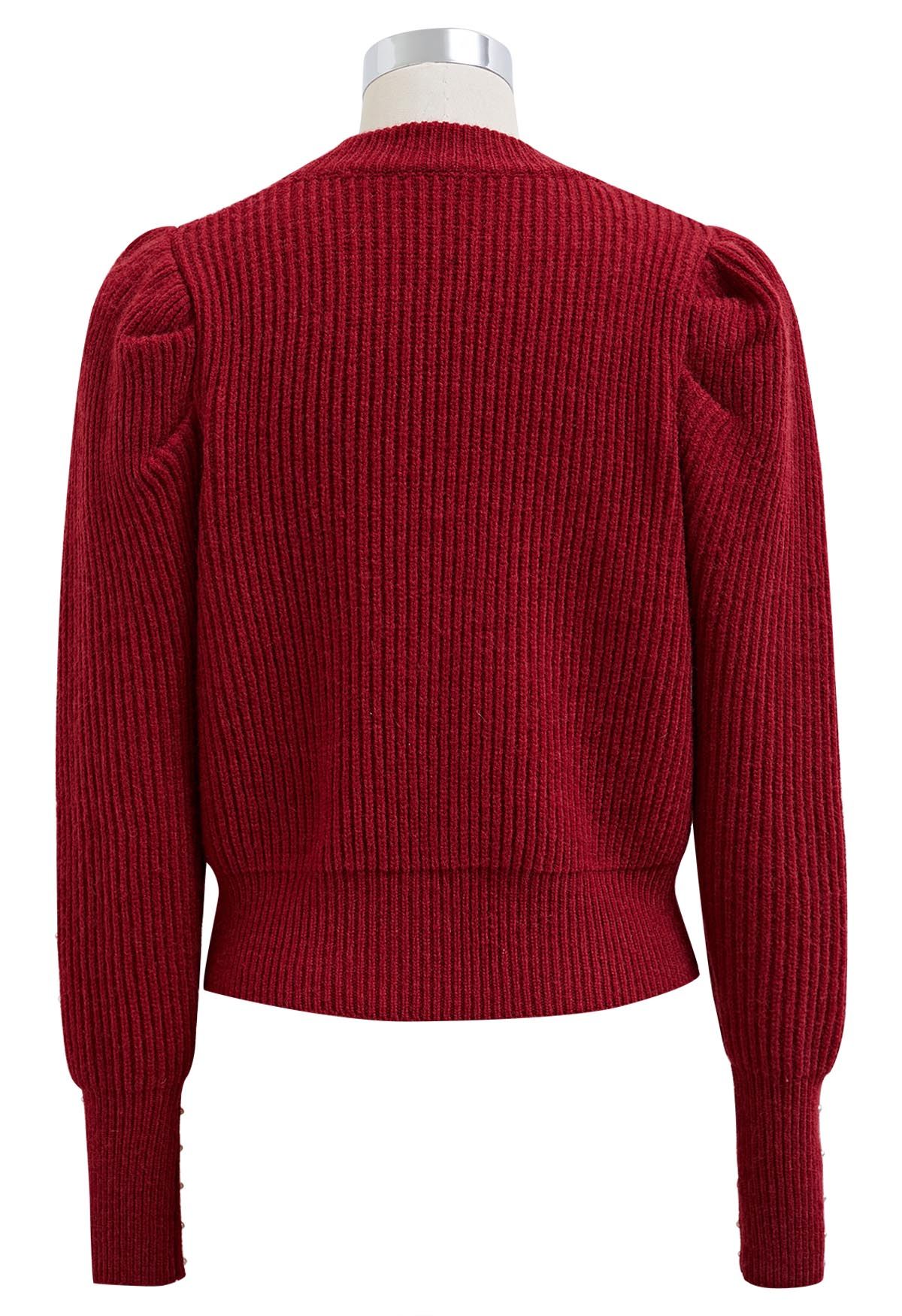 Pearl Embellished Puff Sleeve Knit Sweater in Red