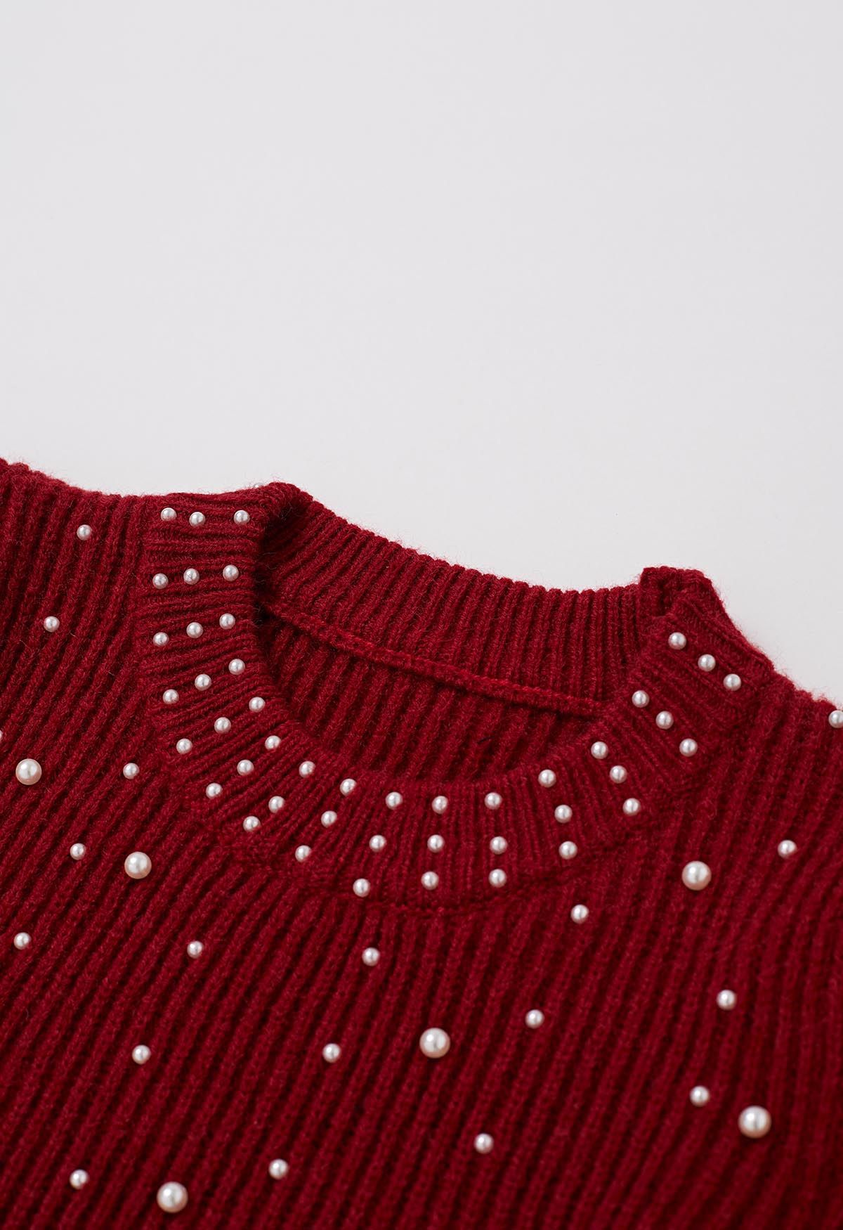 Pearl Embellished Puff Sleeve Knit Sweater in Red