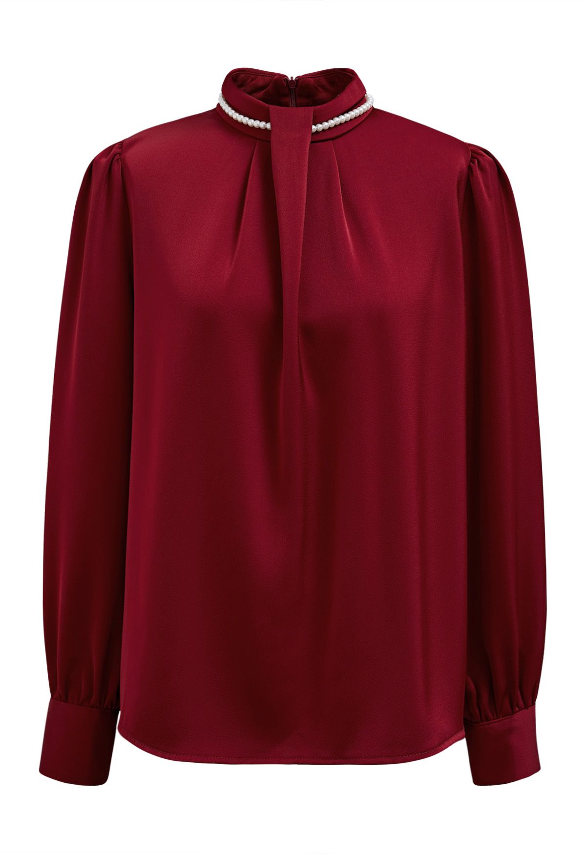 Pearl Neckline Glam Satin Top in Burgundy