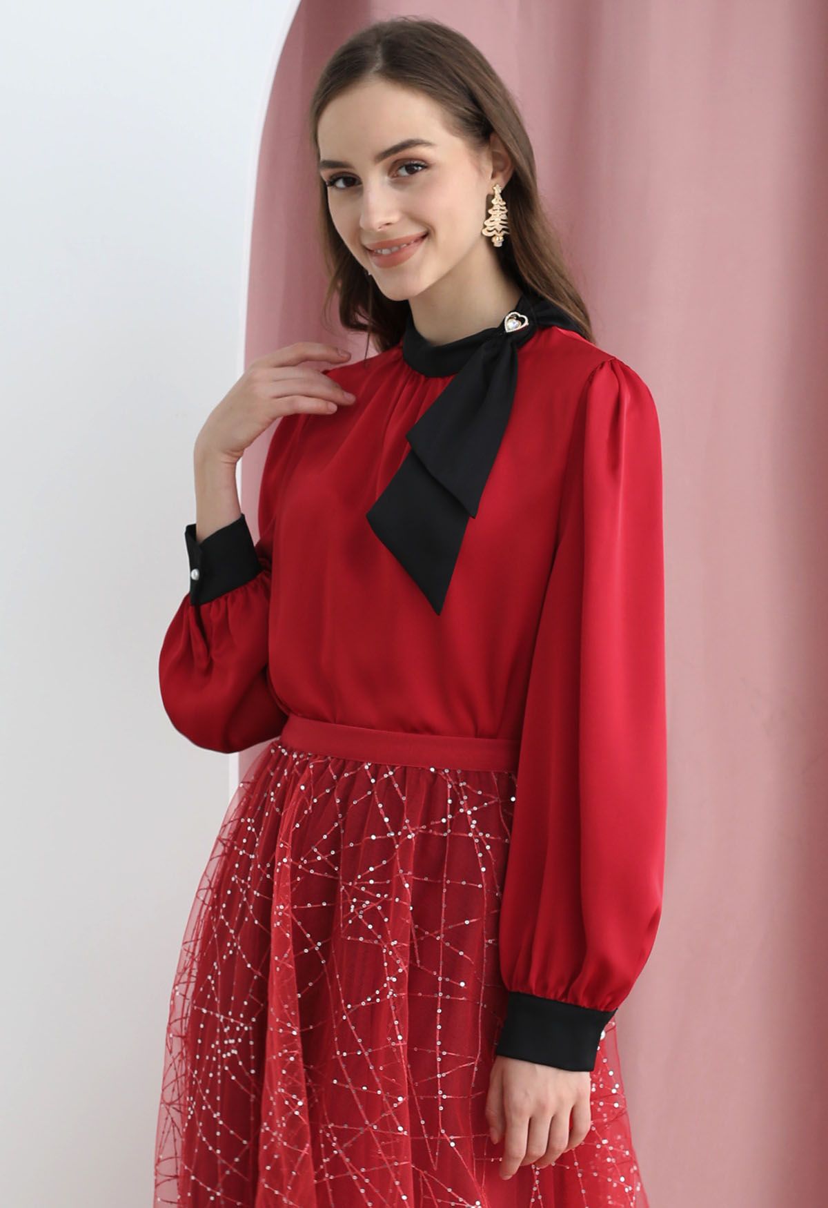 Contrast Ribbon Embellished Satin Top in Red