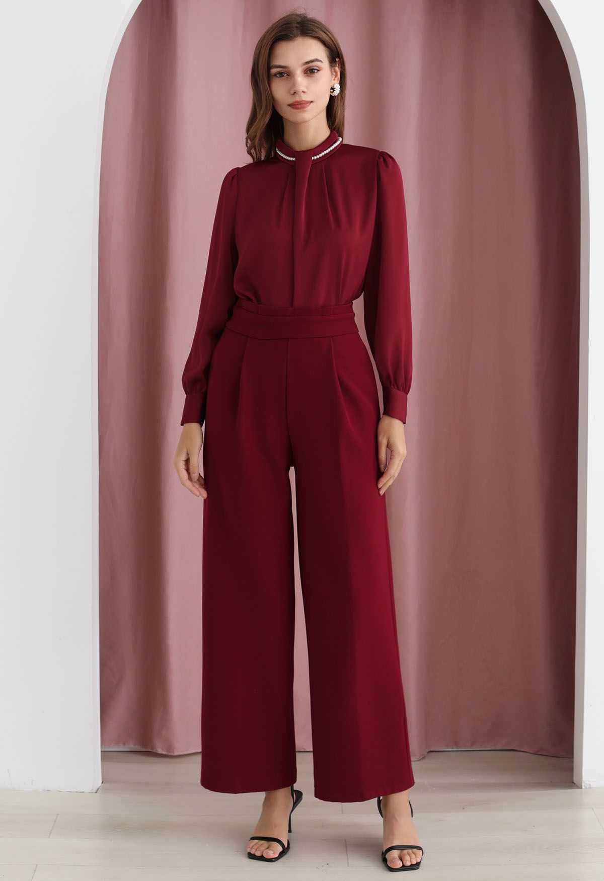 Pleated Waist Chunky Straight-Leg Pants in Burgundy