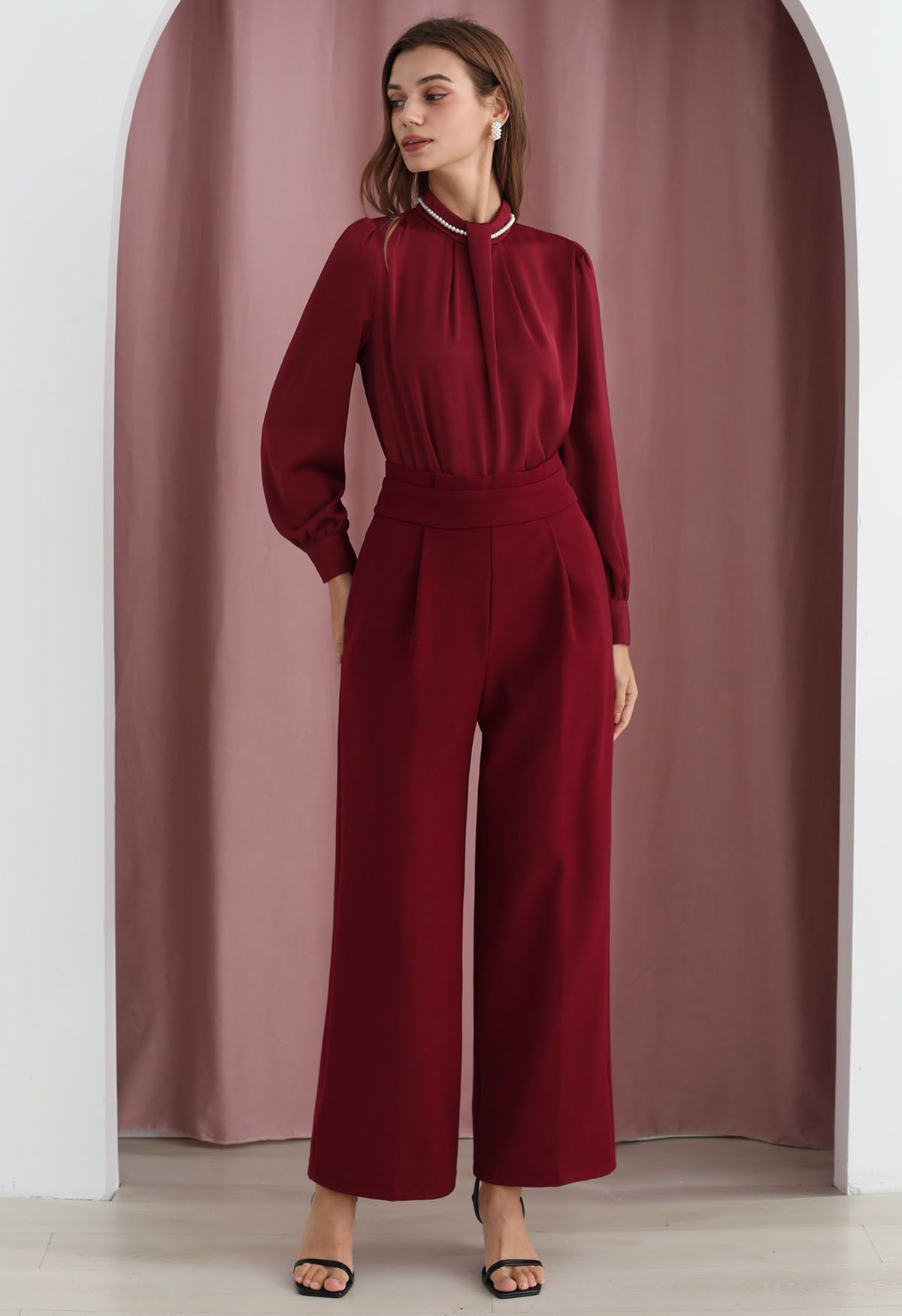 Pleated Waist Chunky Straight-Leg Pants in Burgundy