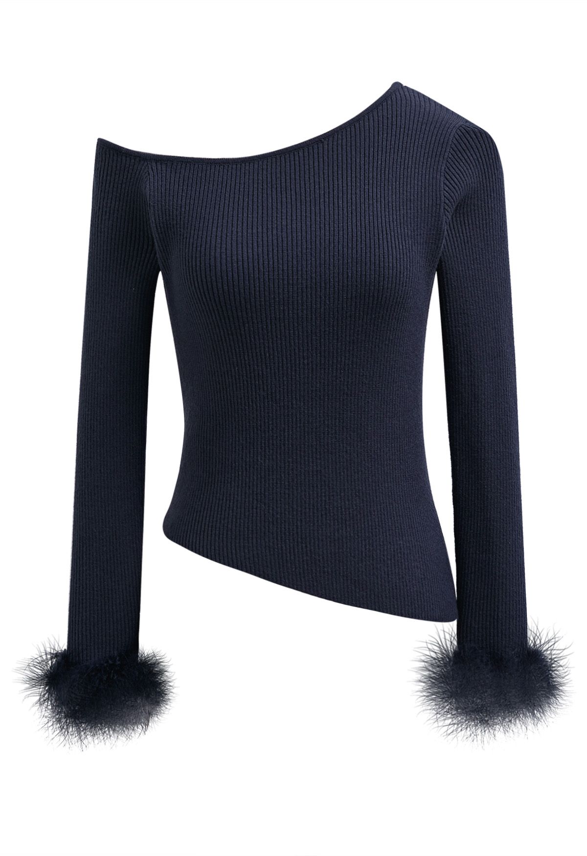 One-Shoulder Feathered Cuffs Knit Top in Navy