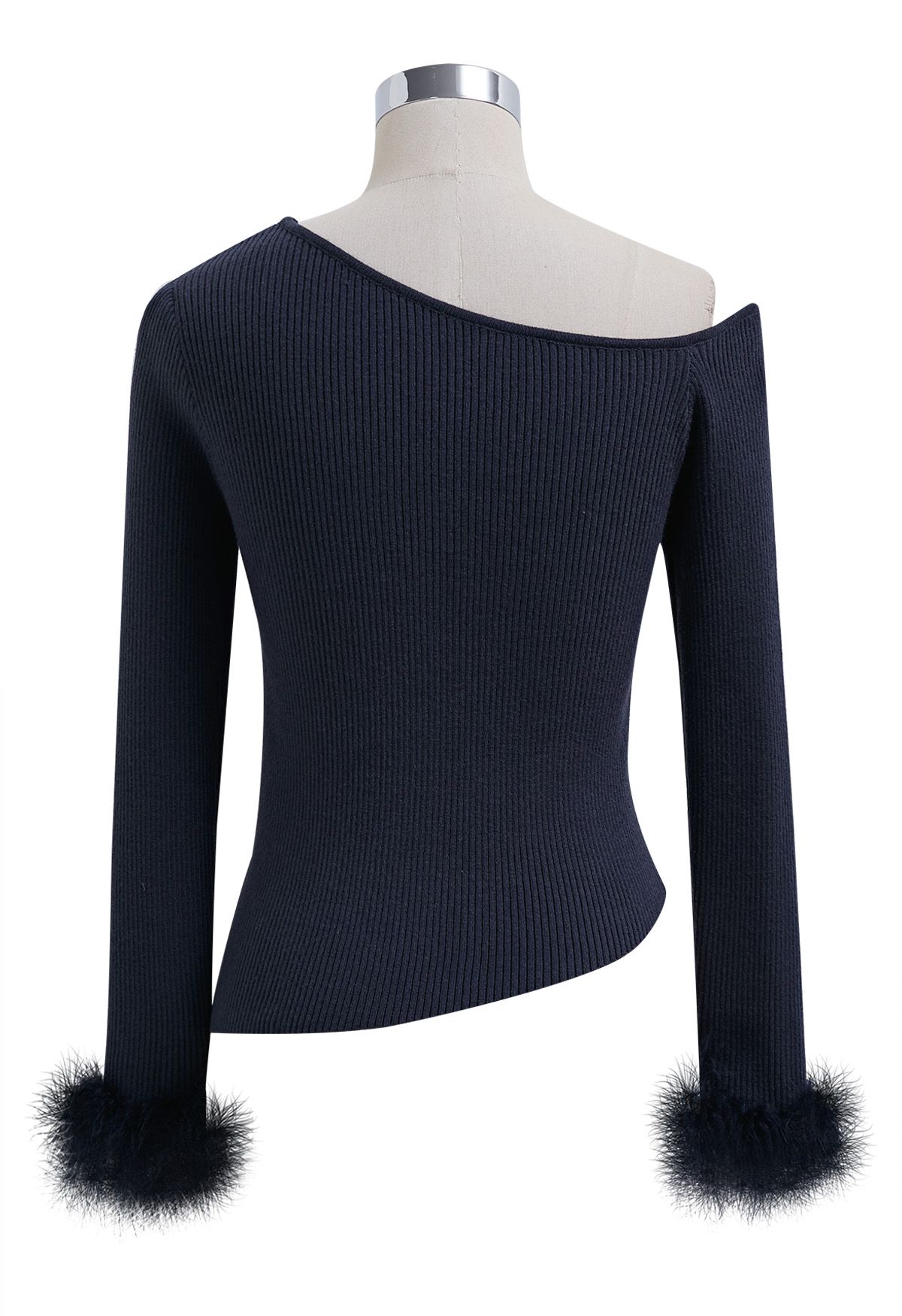 One-Shoulder Feathered Cuffs Knit Top in Navy