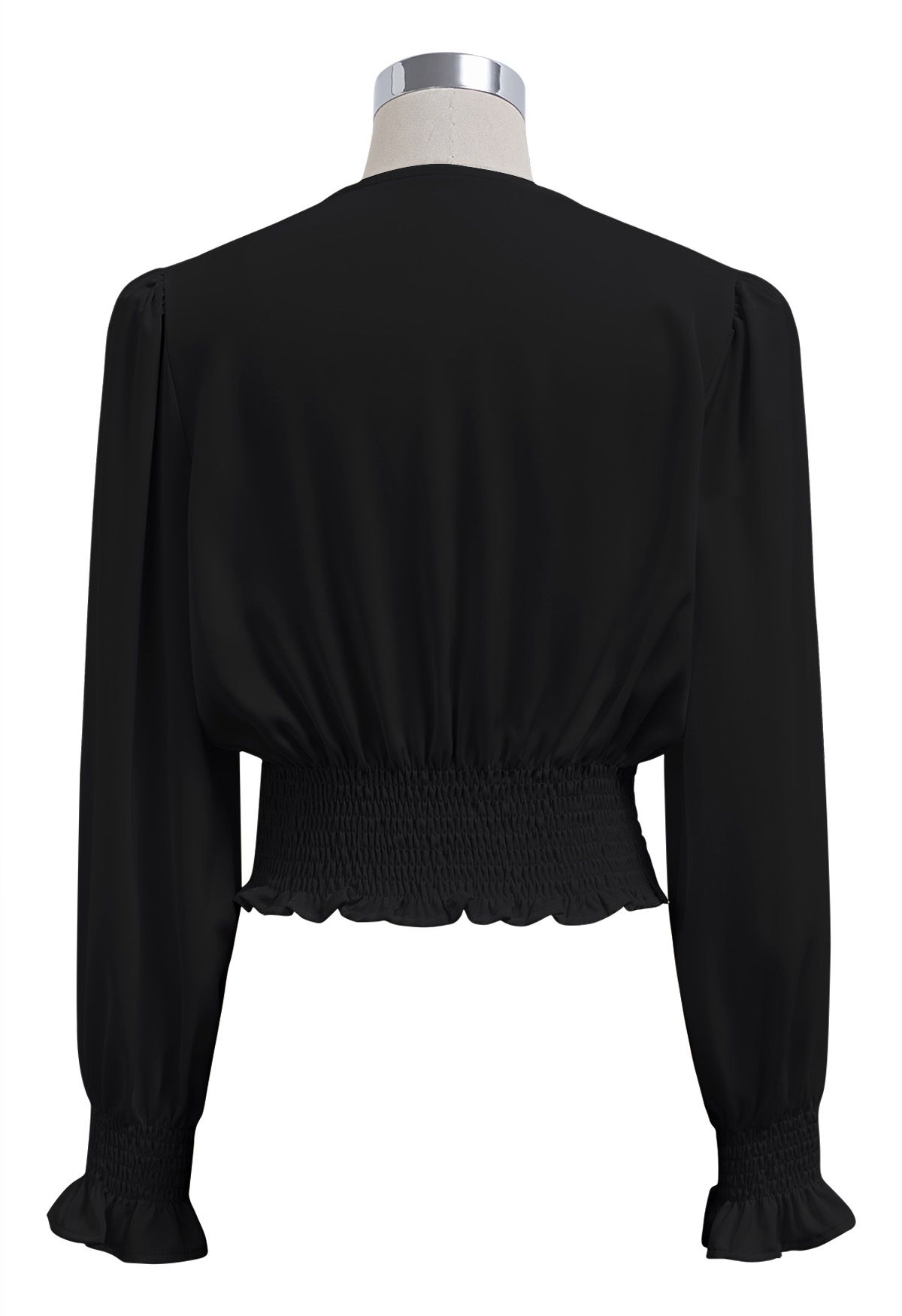Satin Finish V-Neck Puff Sleeves Crop Top in Black