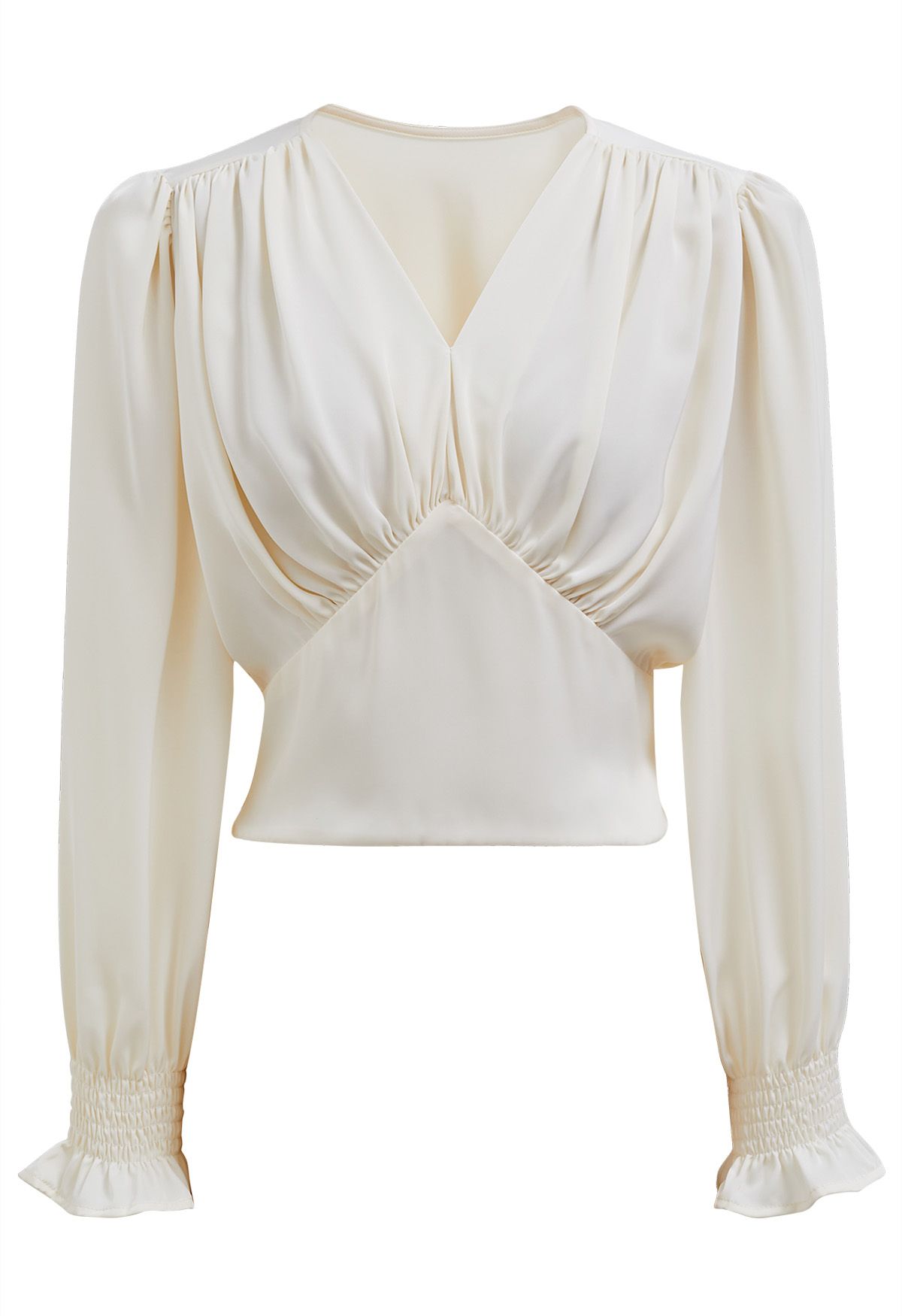 Satin Finish V-Neck Puff Sleeves Crop Top in Cream
