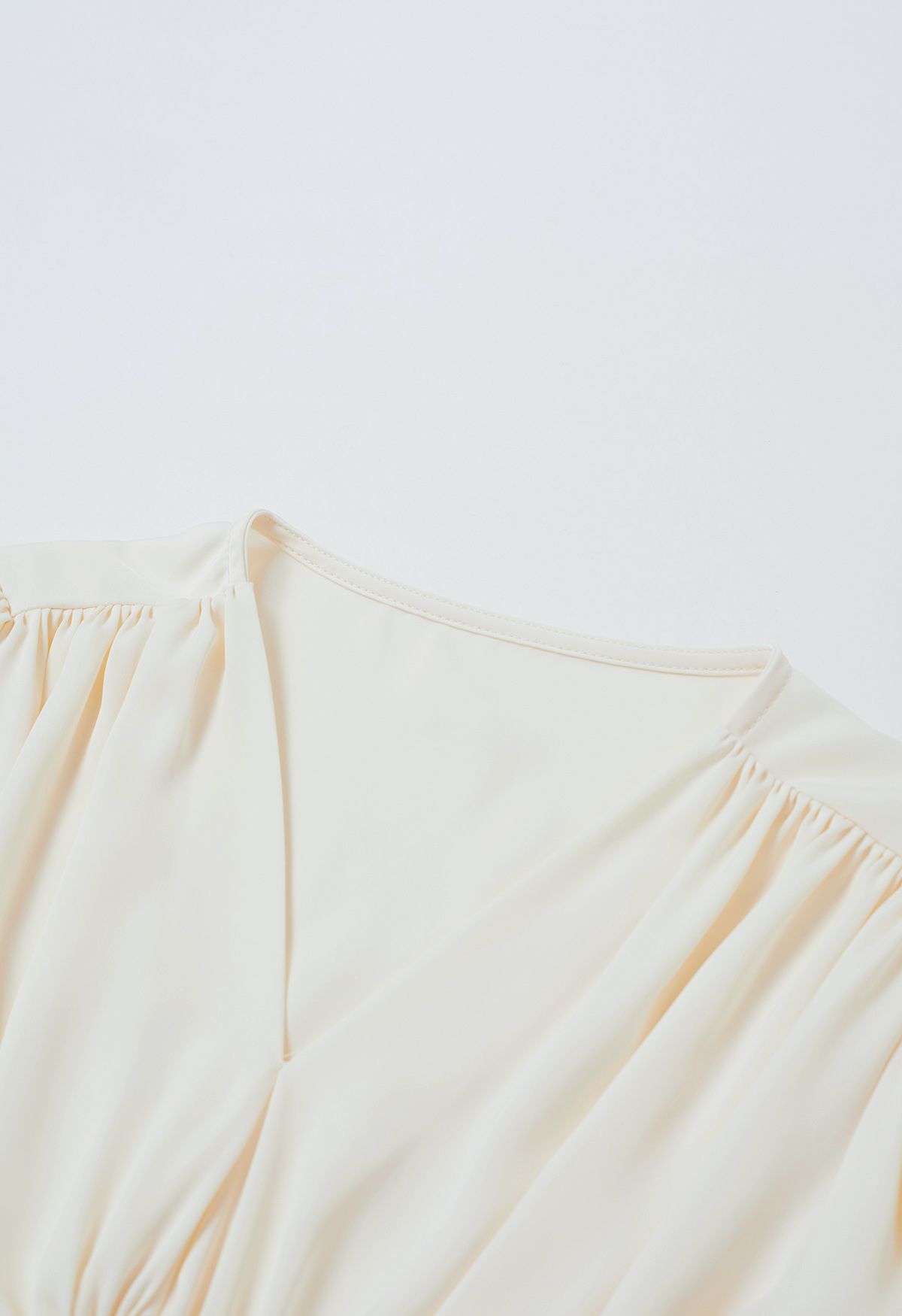 Satin Finish V-Neck Puff Sleeves Crop Top in Cream