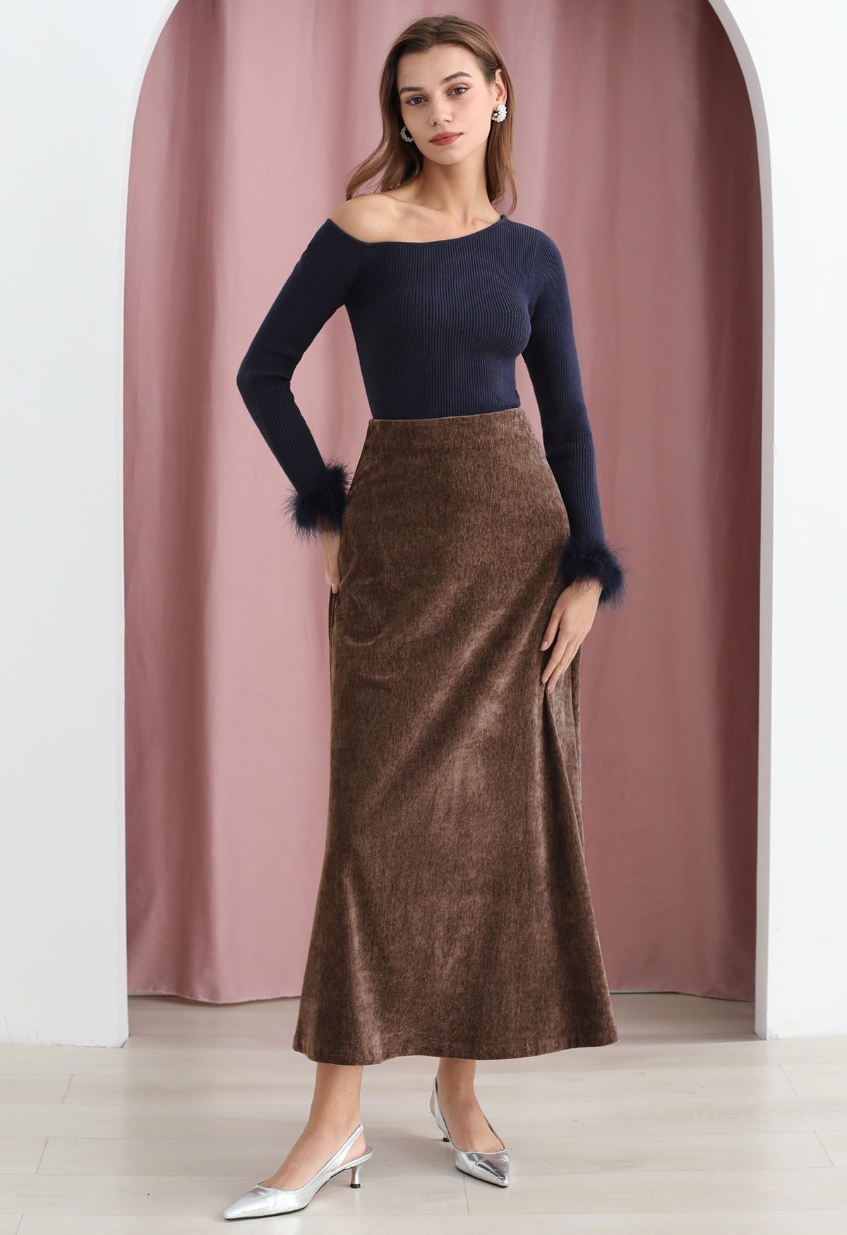 Midnight Glamour Velvet Maxi Skirt in Brown