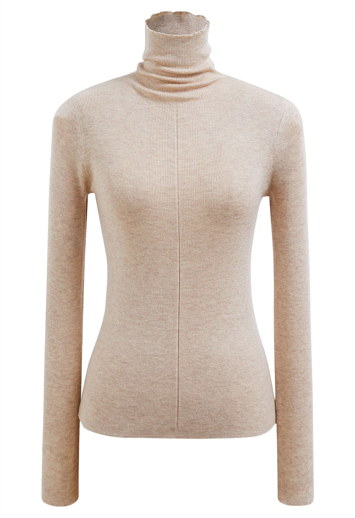 Basic High Neck Soft Knit Top in Light Tan