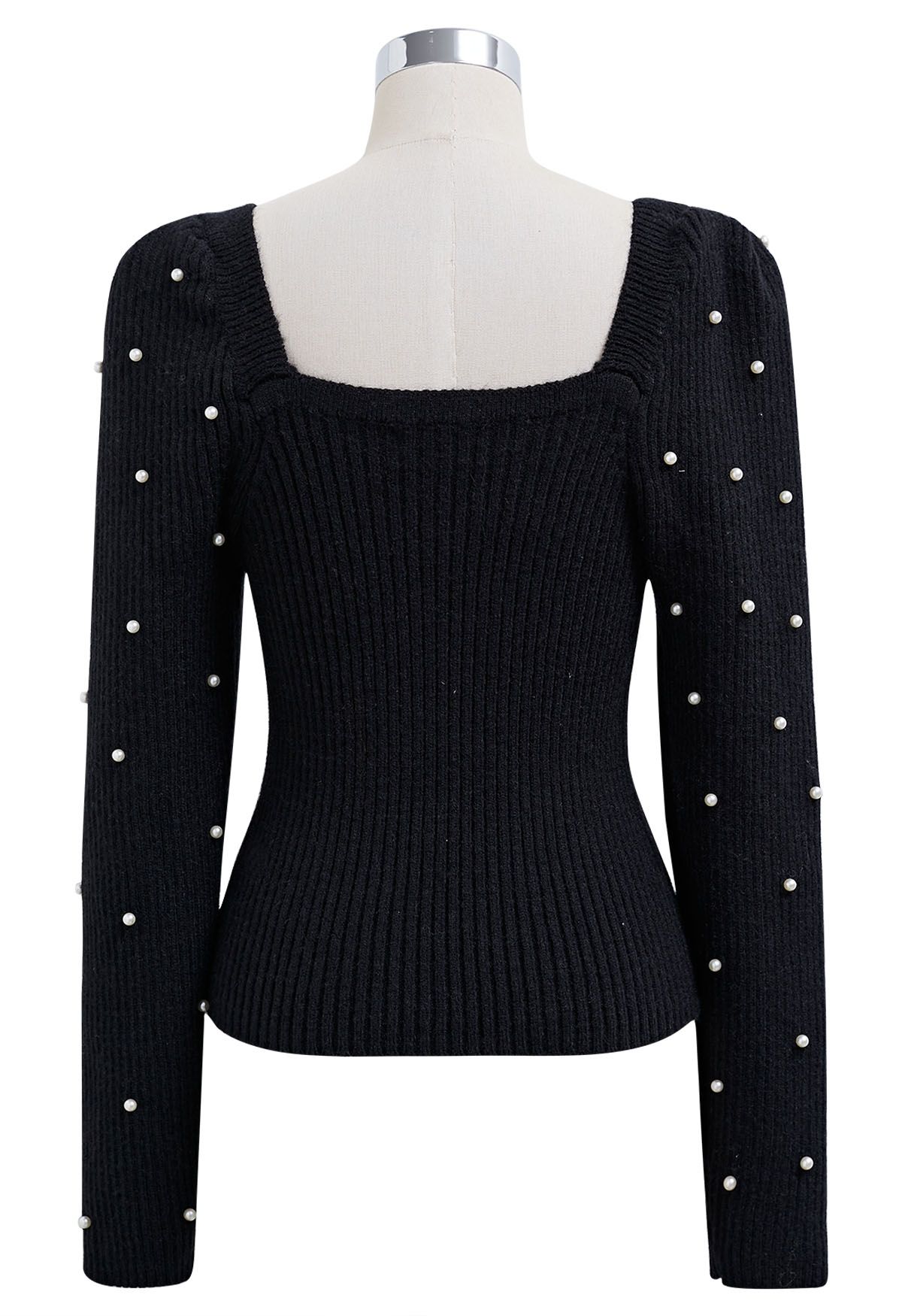 Pearl Adorned Square Neck Knit Top in Black