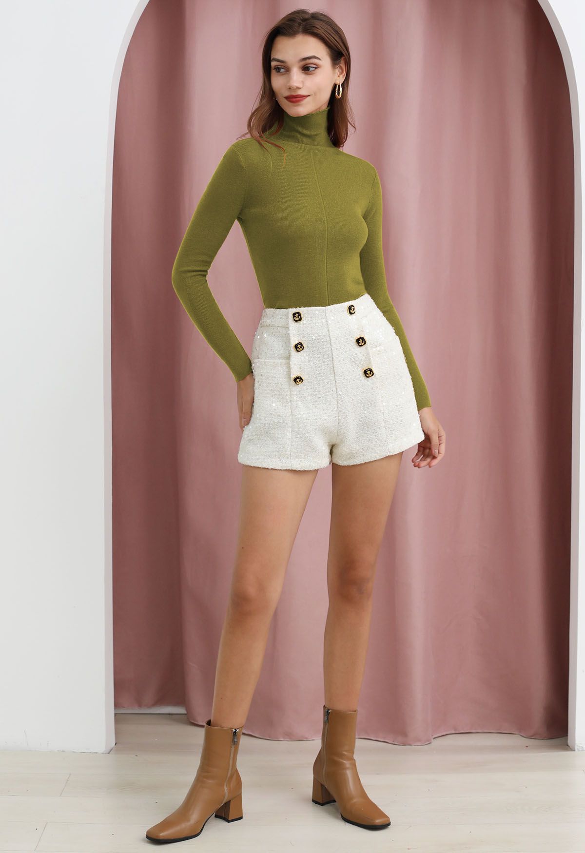 Basic High Neck Soft Knit Top in Olive