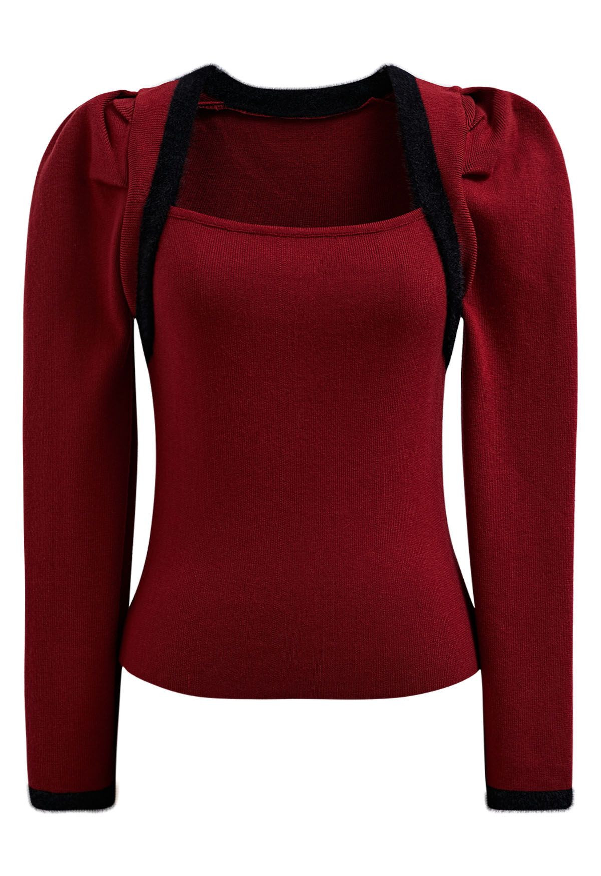 Gigot Sleeve Square Neck Knit Top in Red