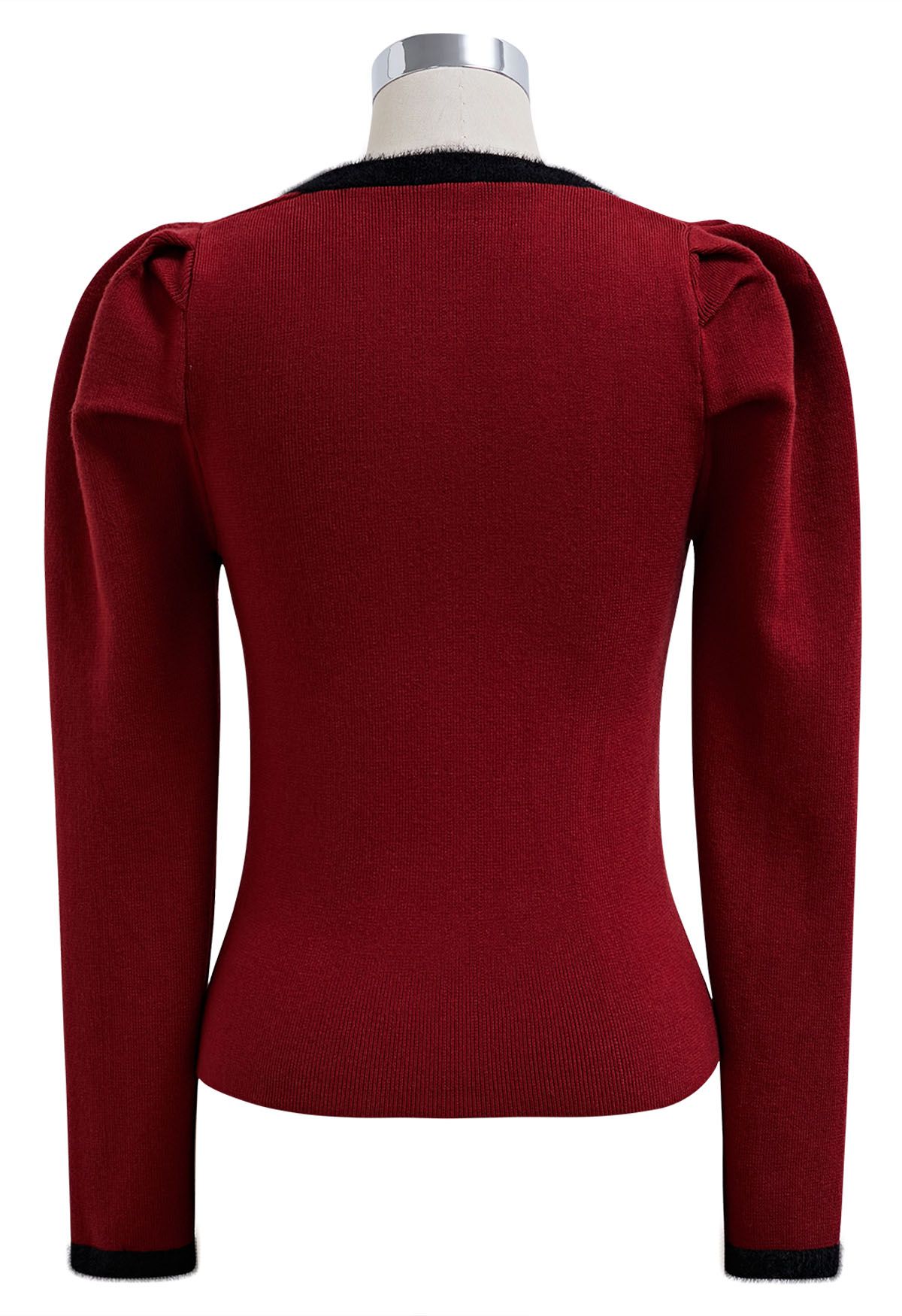 Gigot Sleeve Square Neck Knit Top in Red