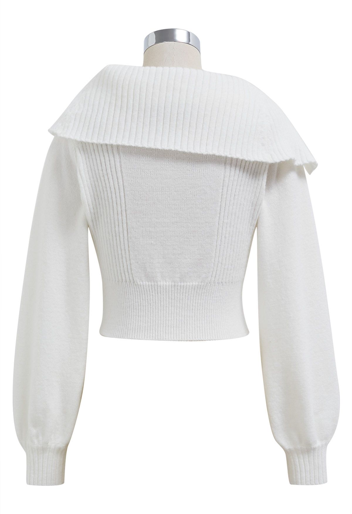 Flap Buttoned Collar Knit Crop Top in White