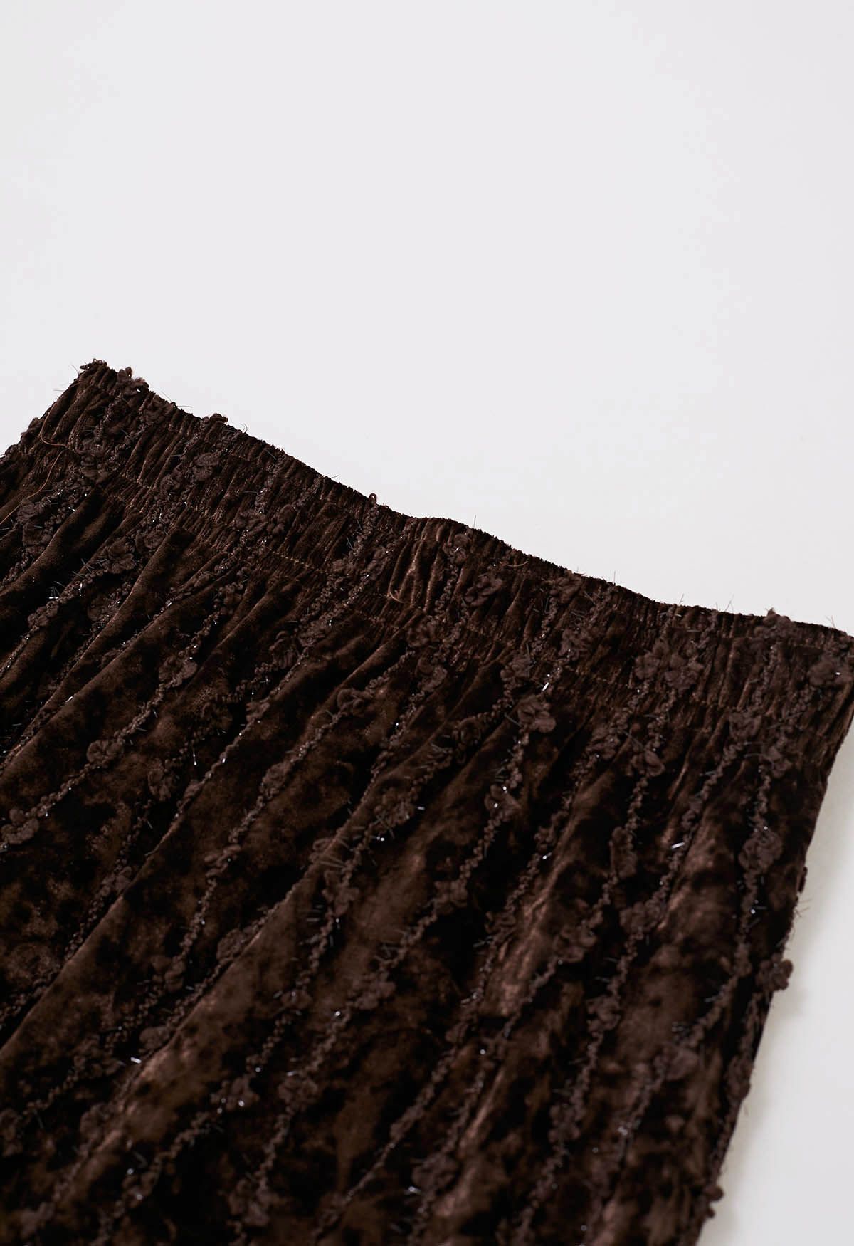 3D Floret Shimmer Fringe Velvet Midi Skirt in Brown