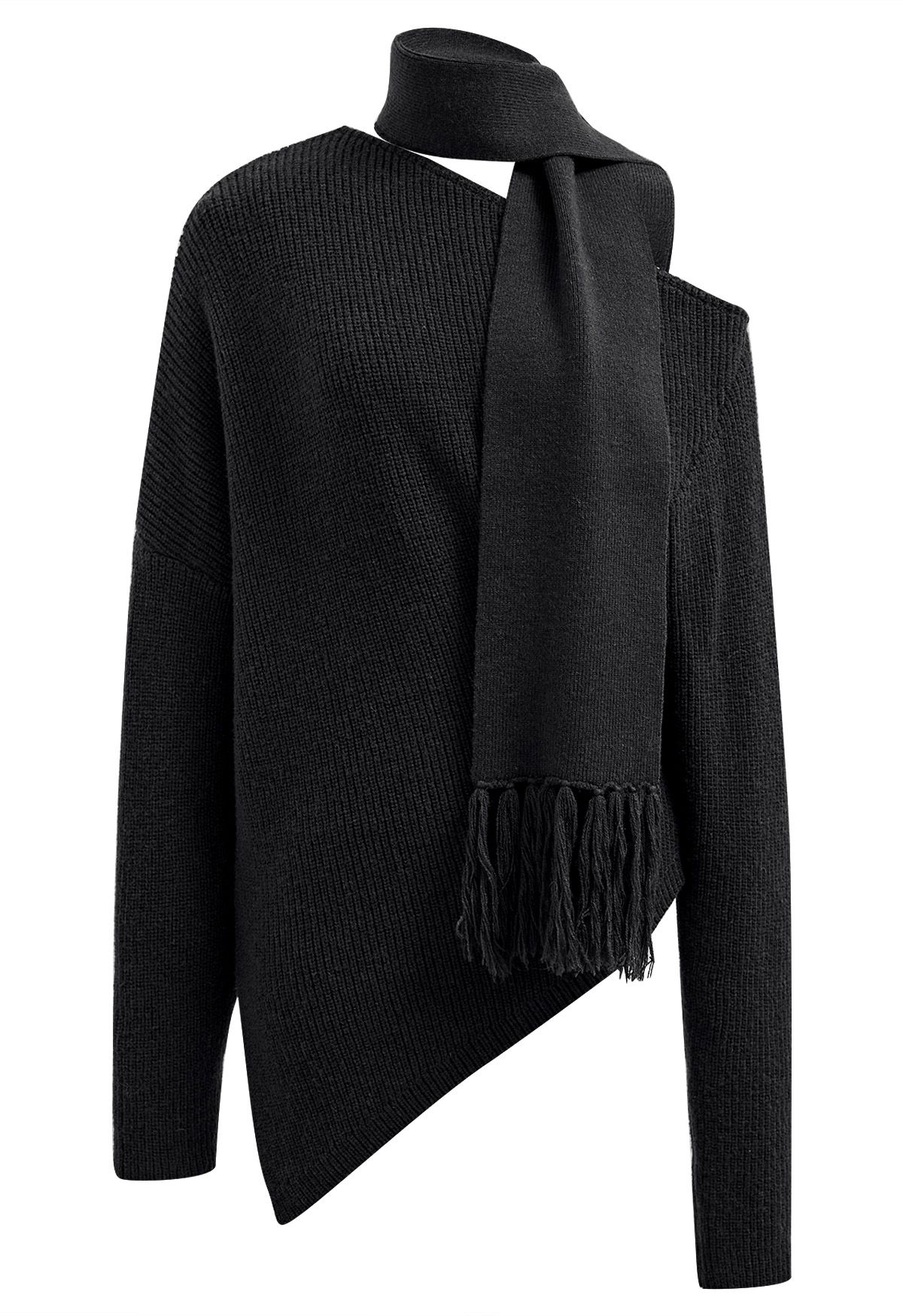 Asymmetric Ribbed Knit Sweater with Tassel Scarf in Black