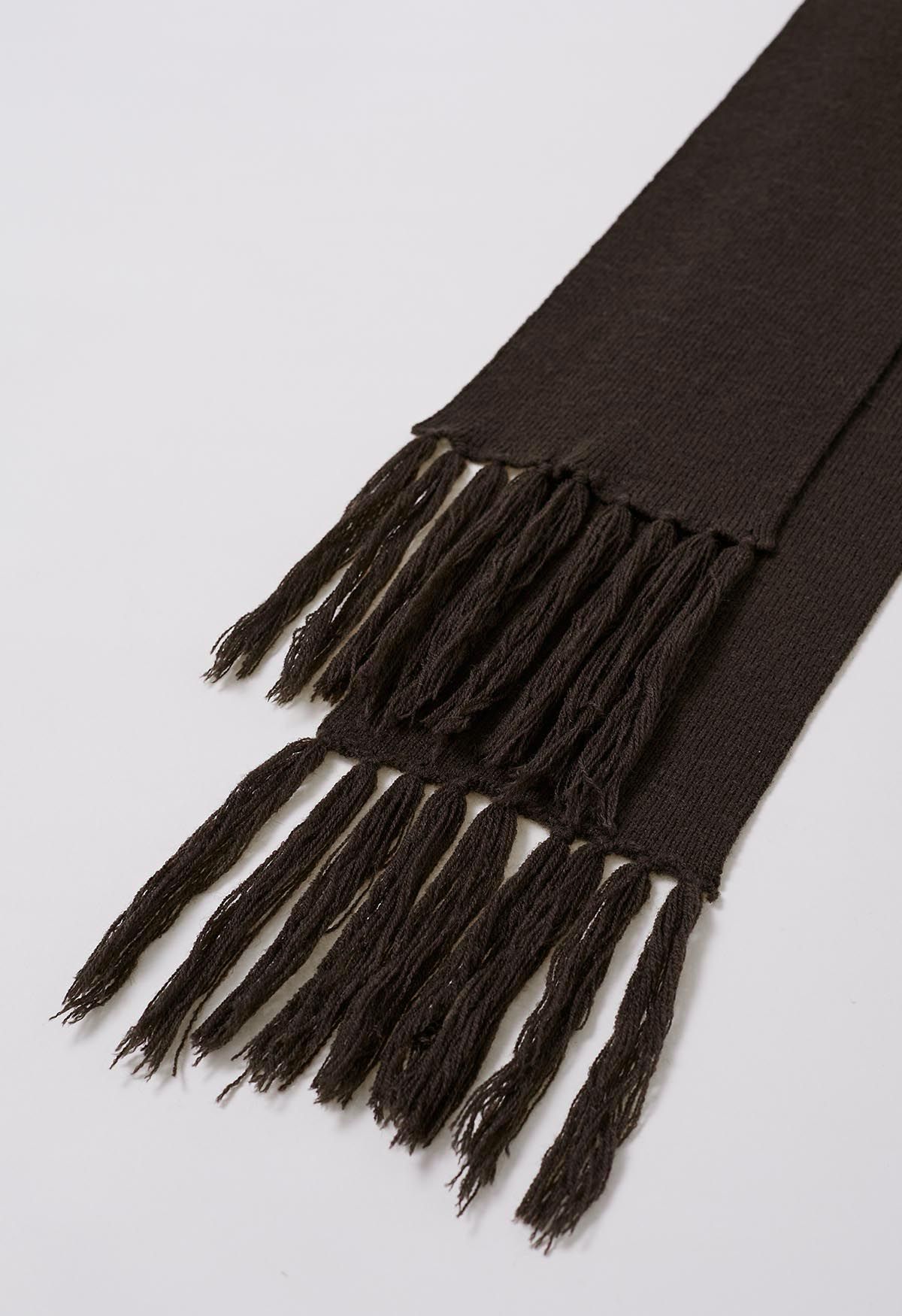Asymmetric Ribbed Knit Sweater with Tassel Scarf in Brown