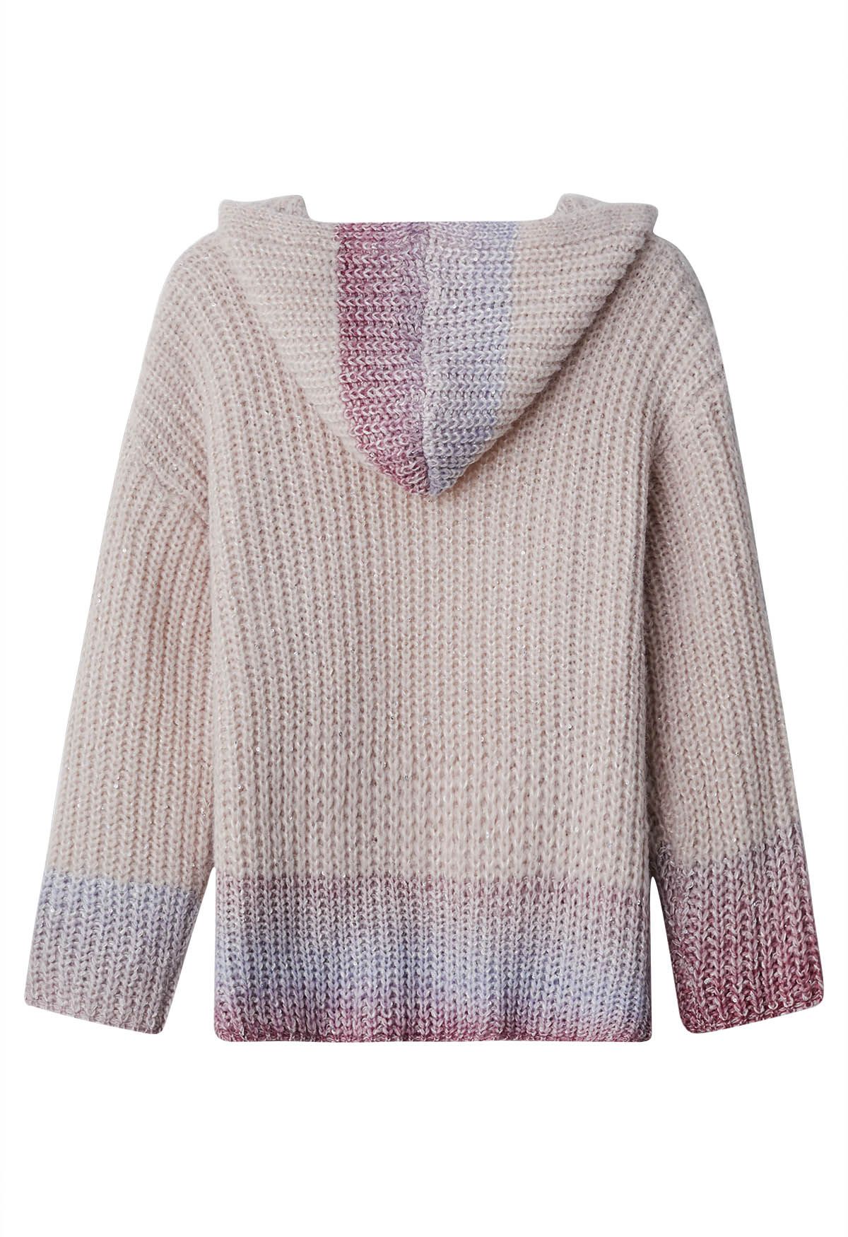 Gradient Pink Sequin Open Front Hooded Knit Cardigan