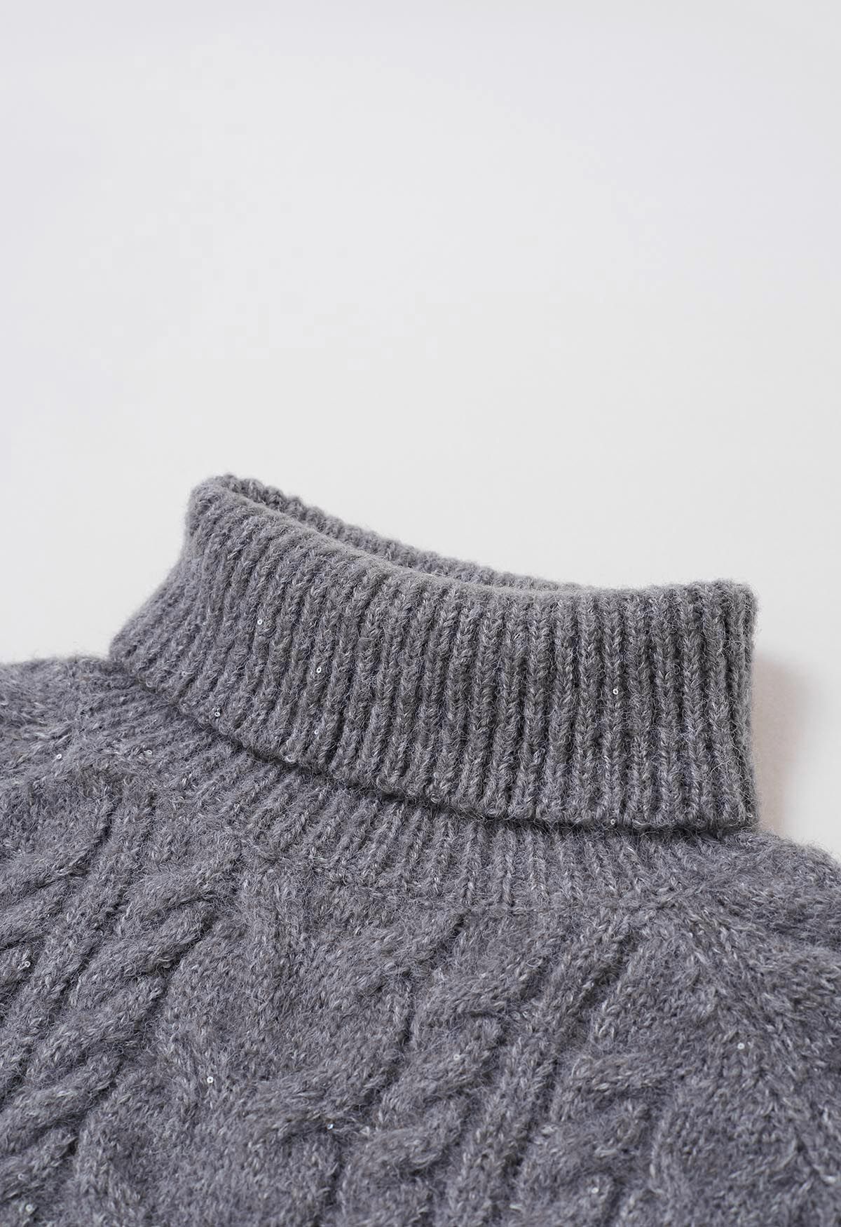 Turtleneck Sequin Cable Knit Sweater in Grey