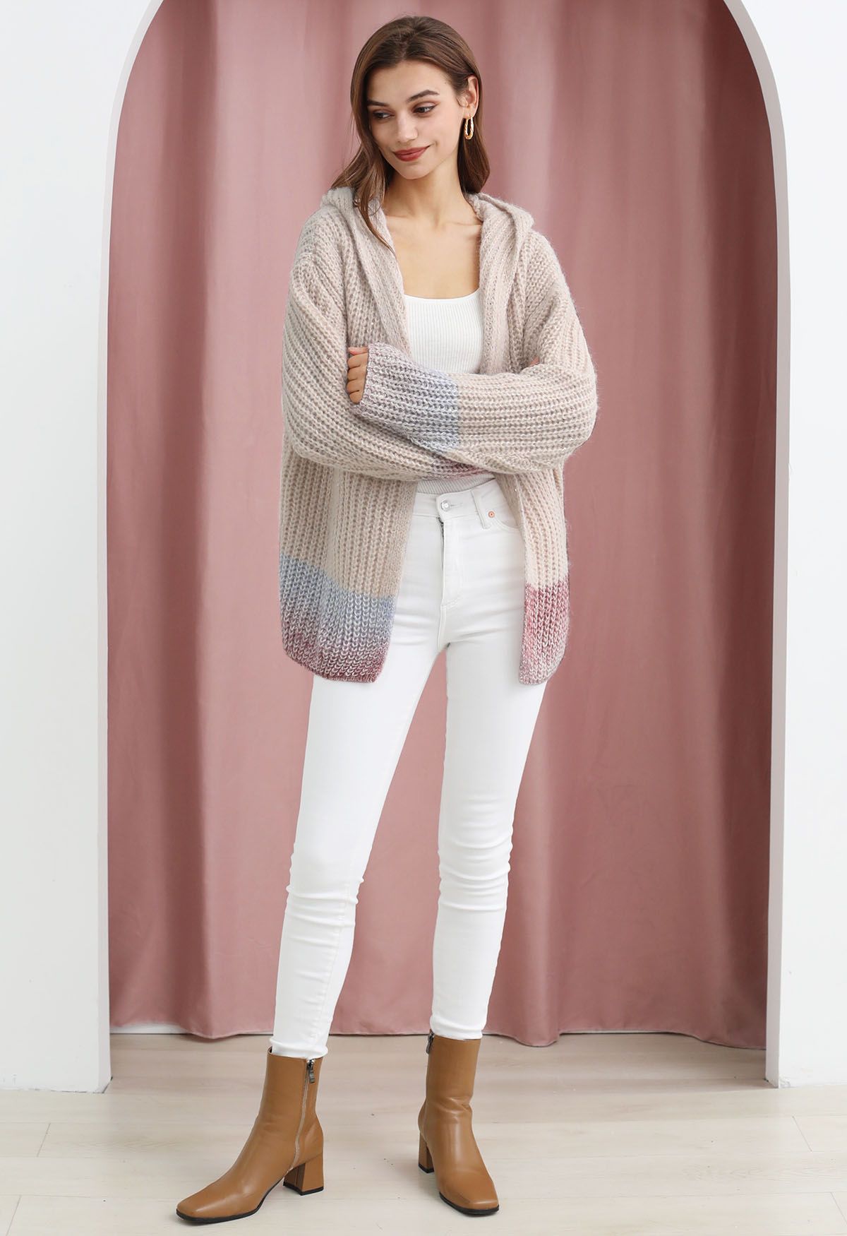 Gradient Pink Sequin Open Front Hooded Knit Cardigan