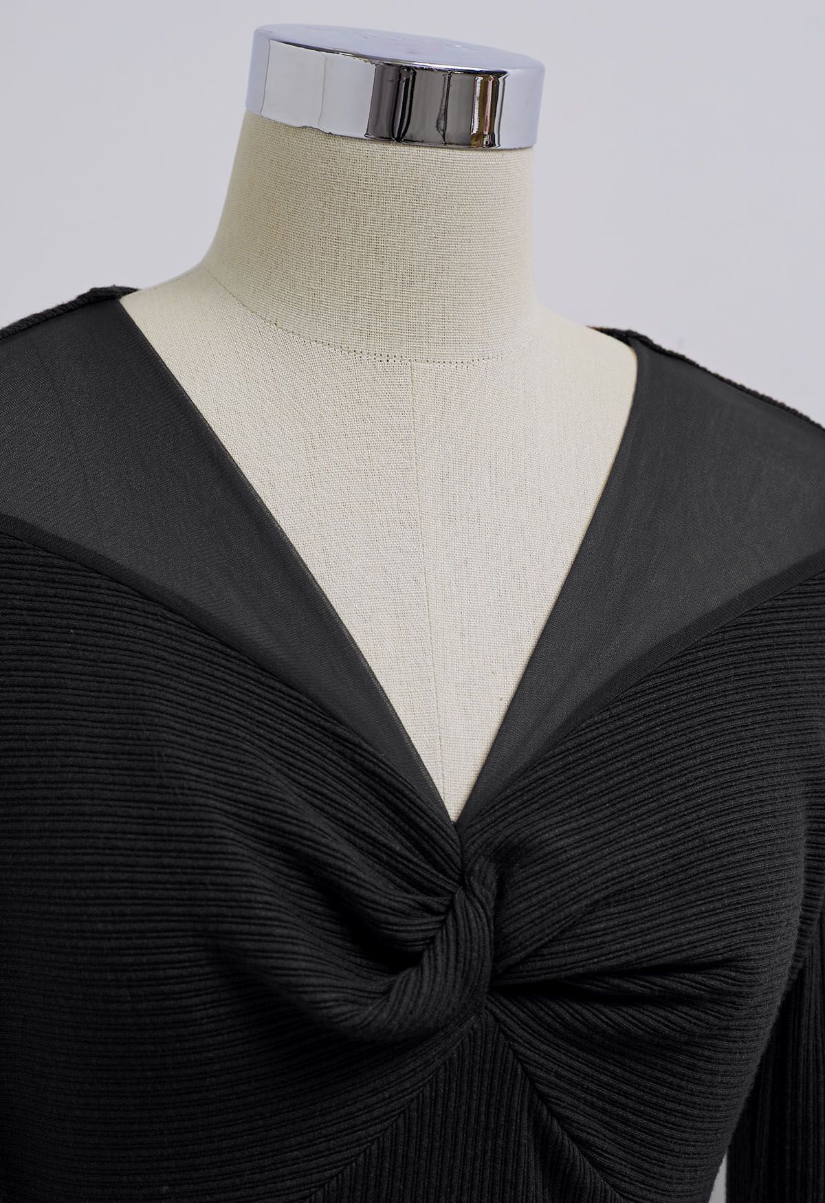 Twisted Mesh Spliced Knit Top in Black