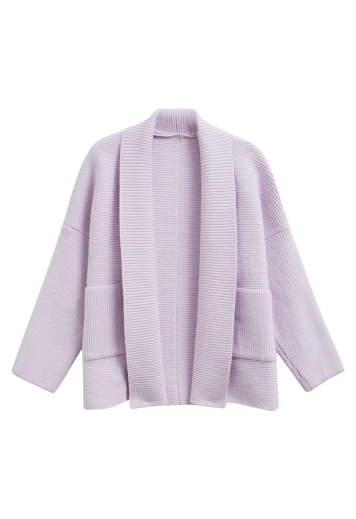 Shawl Collar Ribbed Knit Cardigan in Lilac