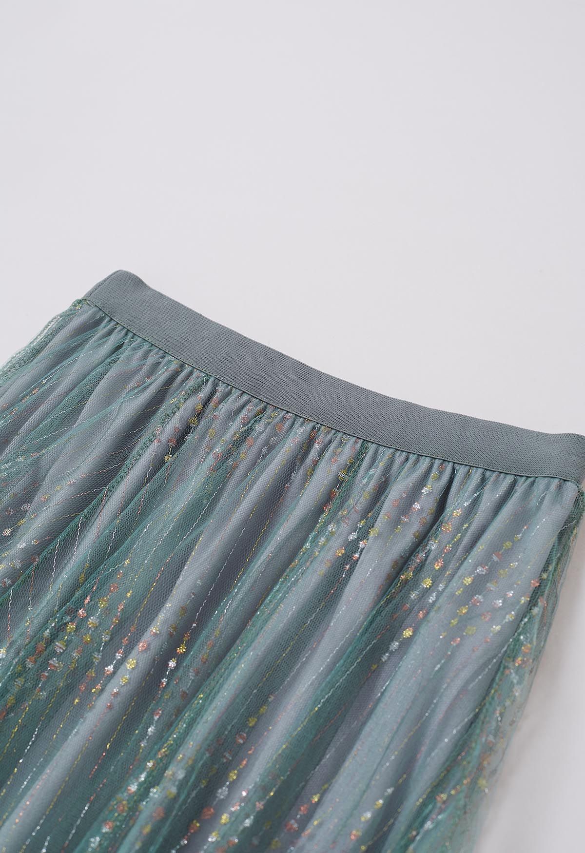 Glitter Thread Embroidery Mesh Tulle Maxi Skirt in Teal