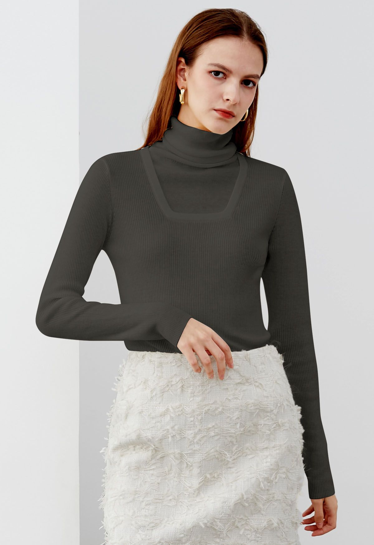 Fake Two-Piece High Neck Knit Top in Smoke