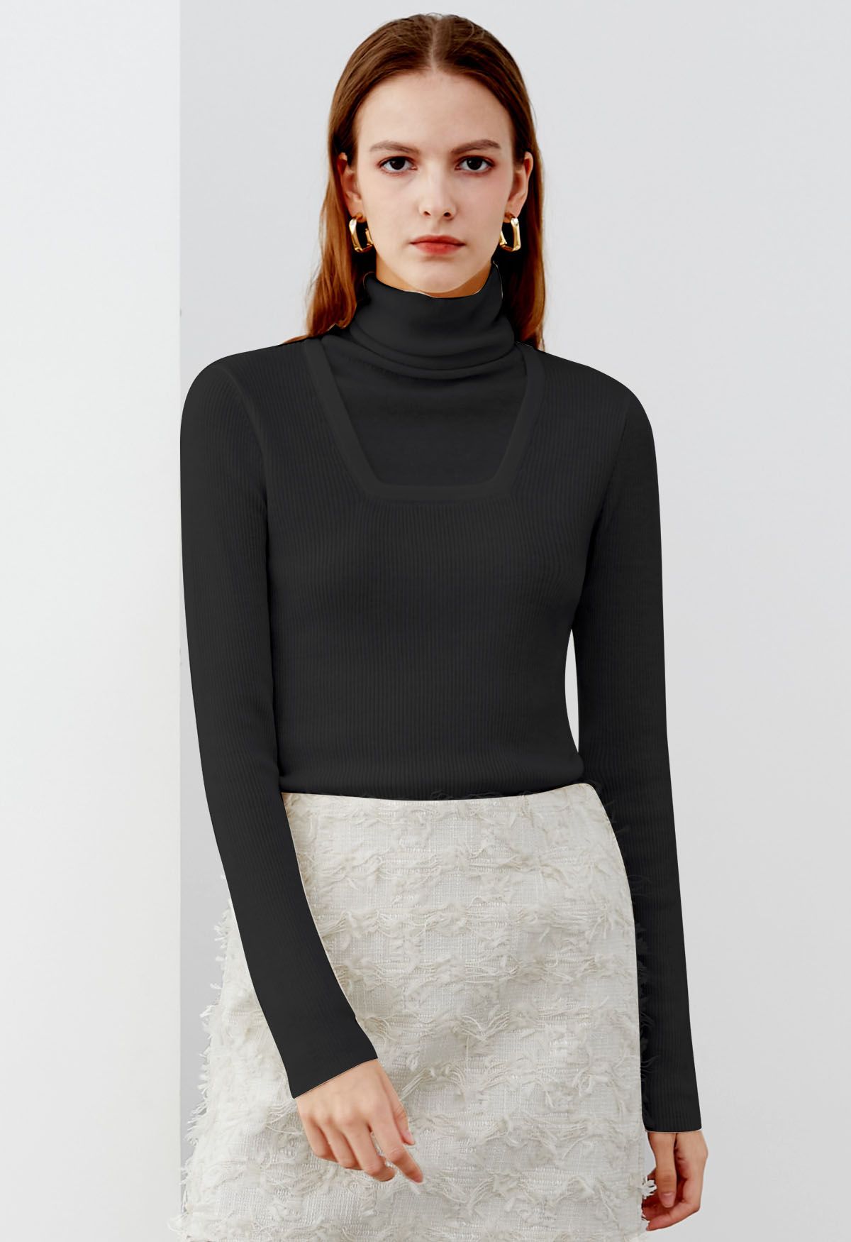 Fake Two-Piece High Neck Knit Top in Black