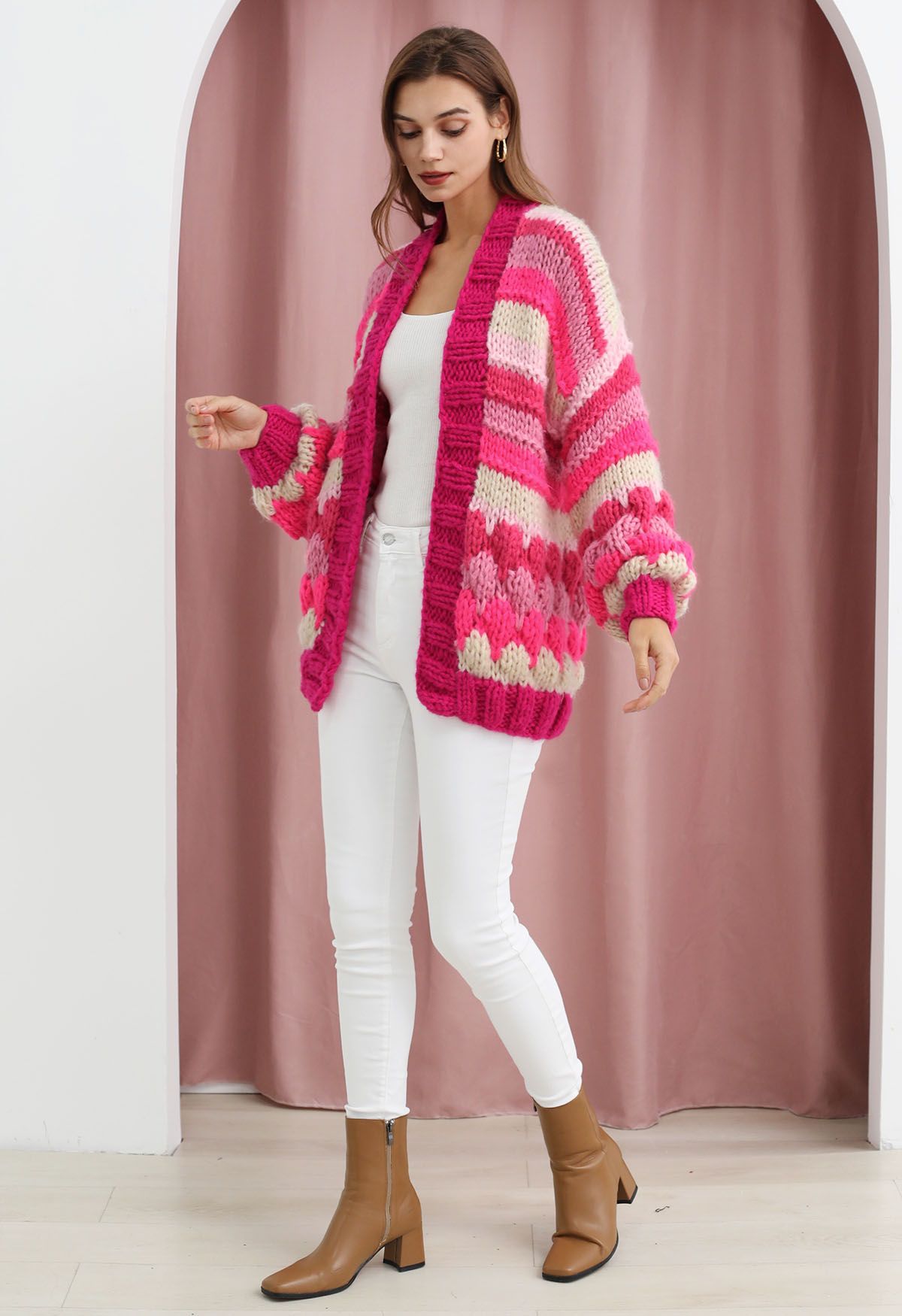 Pretty in Pink Color Block Hand Knit Cardigan