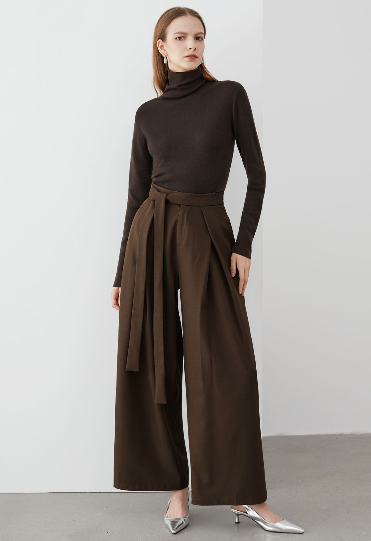 Side Pleat High Neck Ribbed Knit Top in Brown