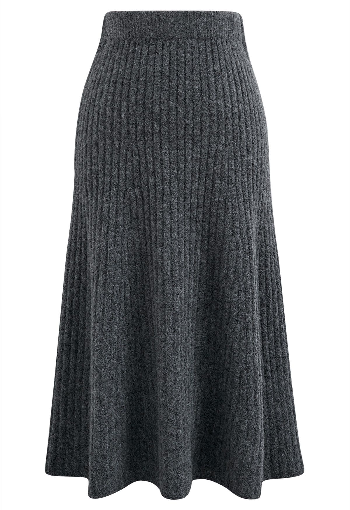 Cross Waist Wool-Blend Top and Skirt Set in Smoke