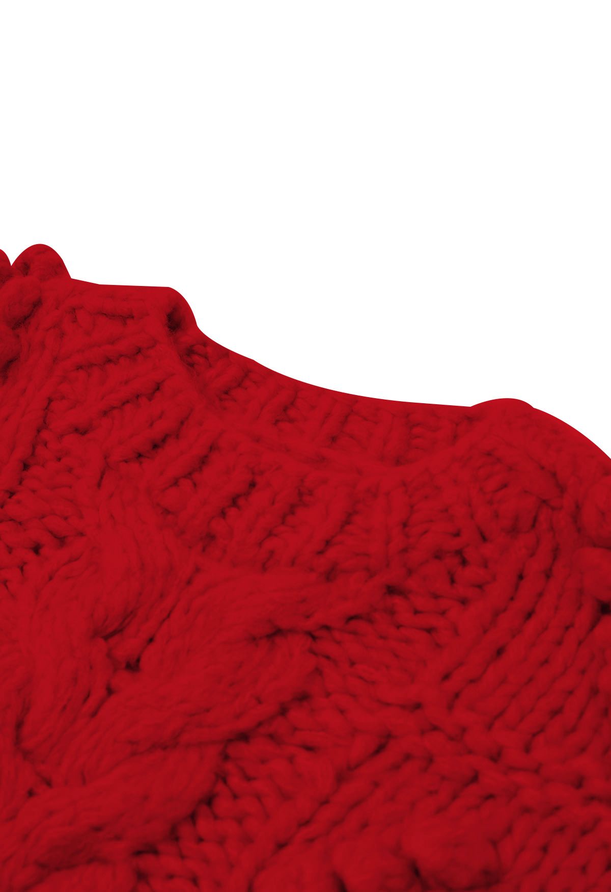 Pom-Pom Heart Braid Hand Knit Sweater in Red