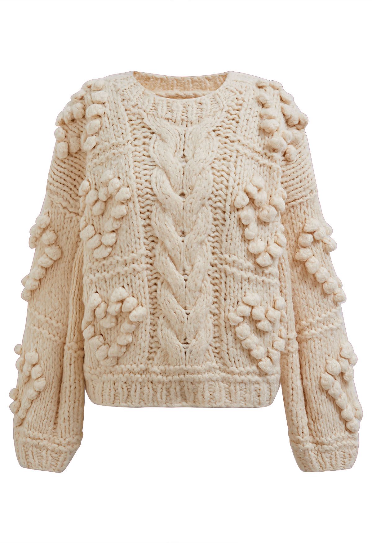 Pom-Pom Heart Braid Hand Knit Sweater in Cream