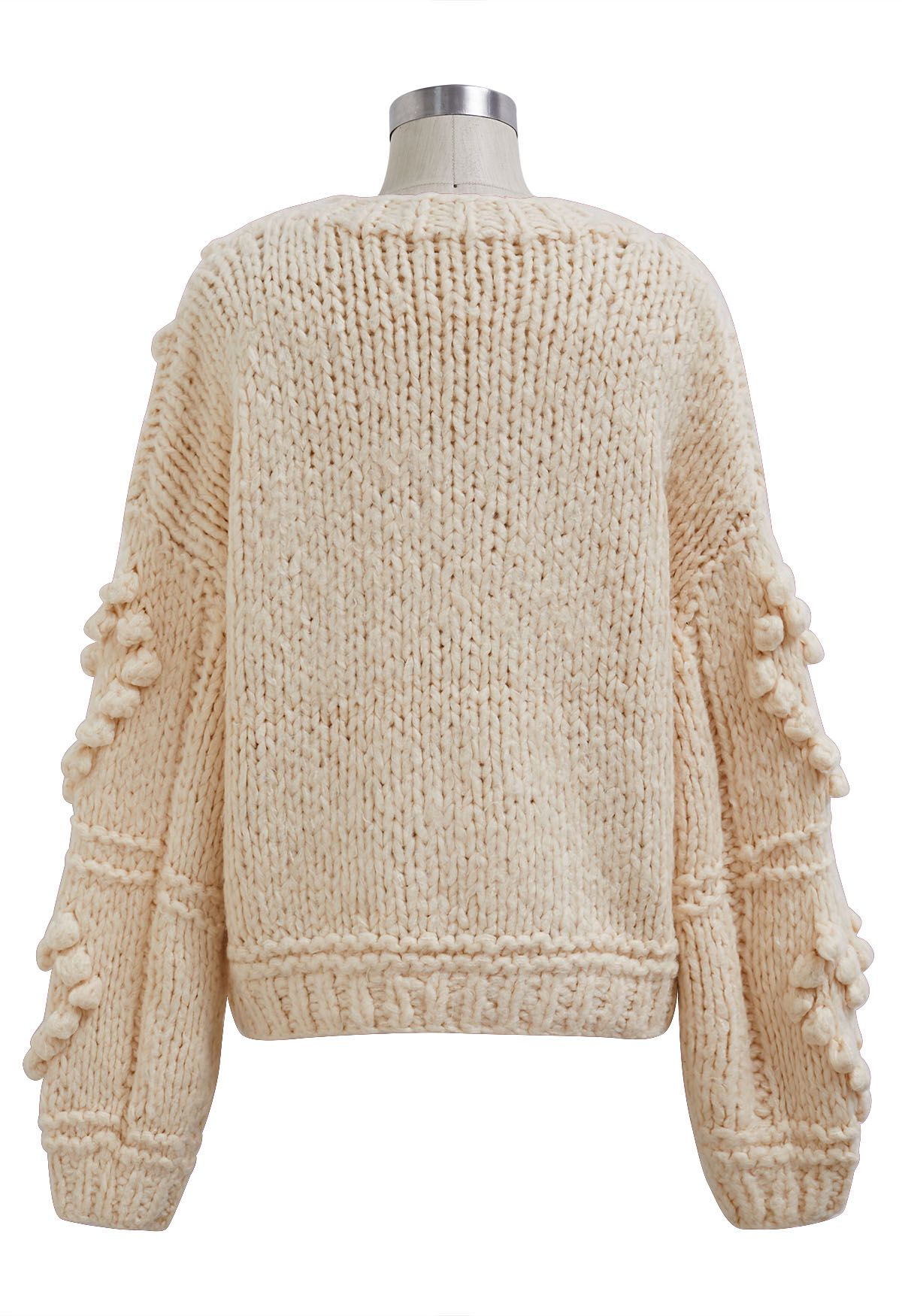 Pom-Pom Heart Braid Hand Knit Sweater in Cream