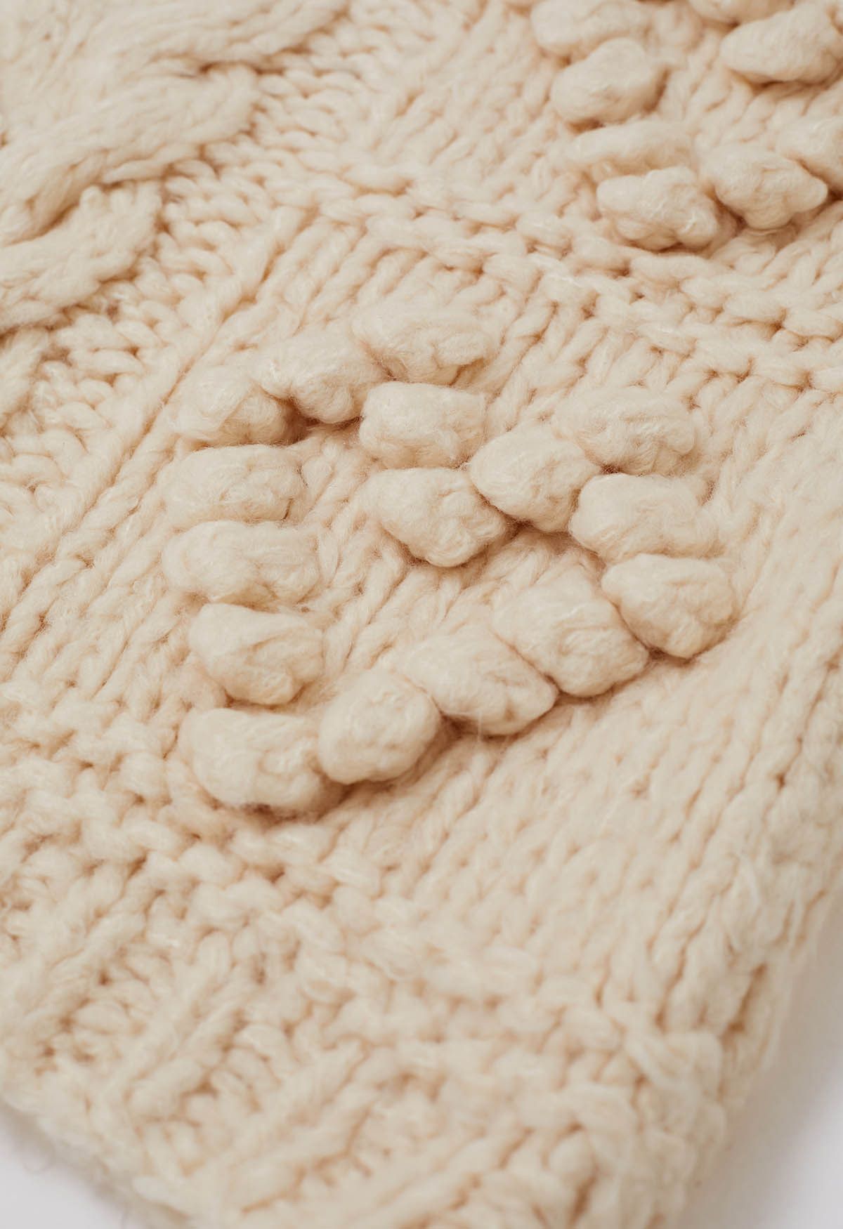 Pom-Pom Heart Braid Hand Knit Sweater in Cream