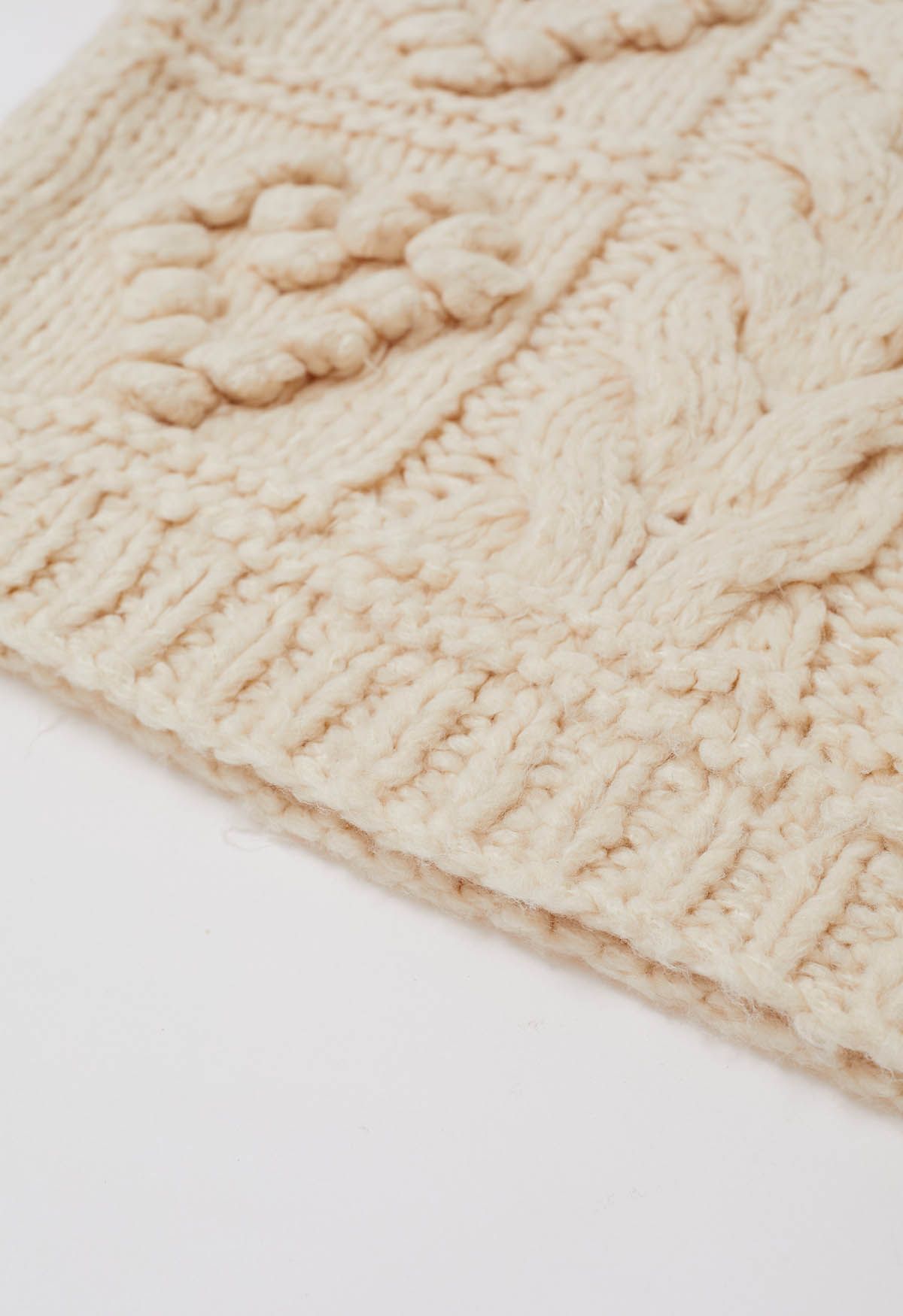 Pom-Pom Heart Braid Hand Knit Sweater in Cream