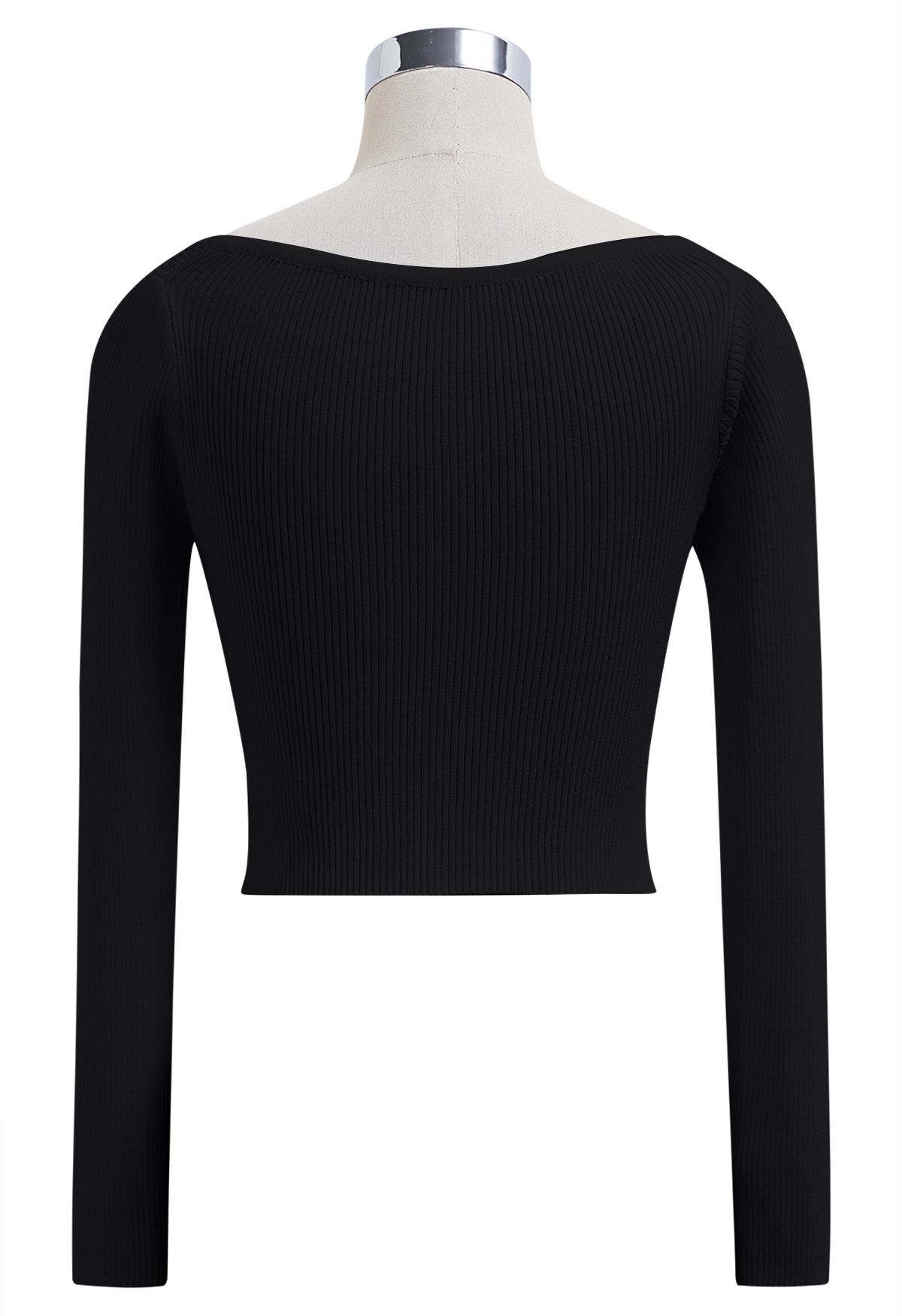 Notched Neckline Ribbed Knit Crop Top in Black