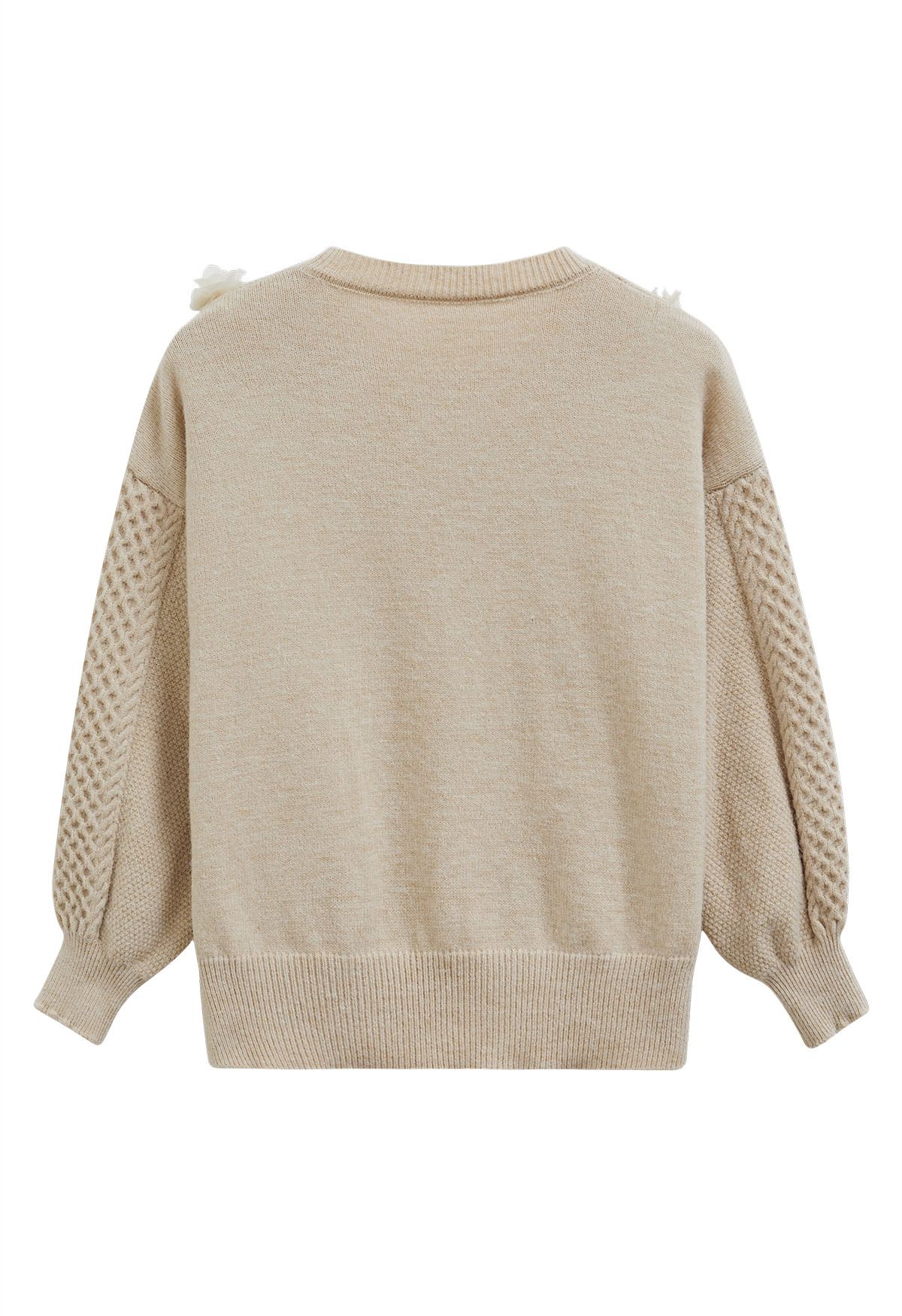 3D Flower Pearly Knit Sweater in Sand