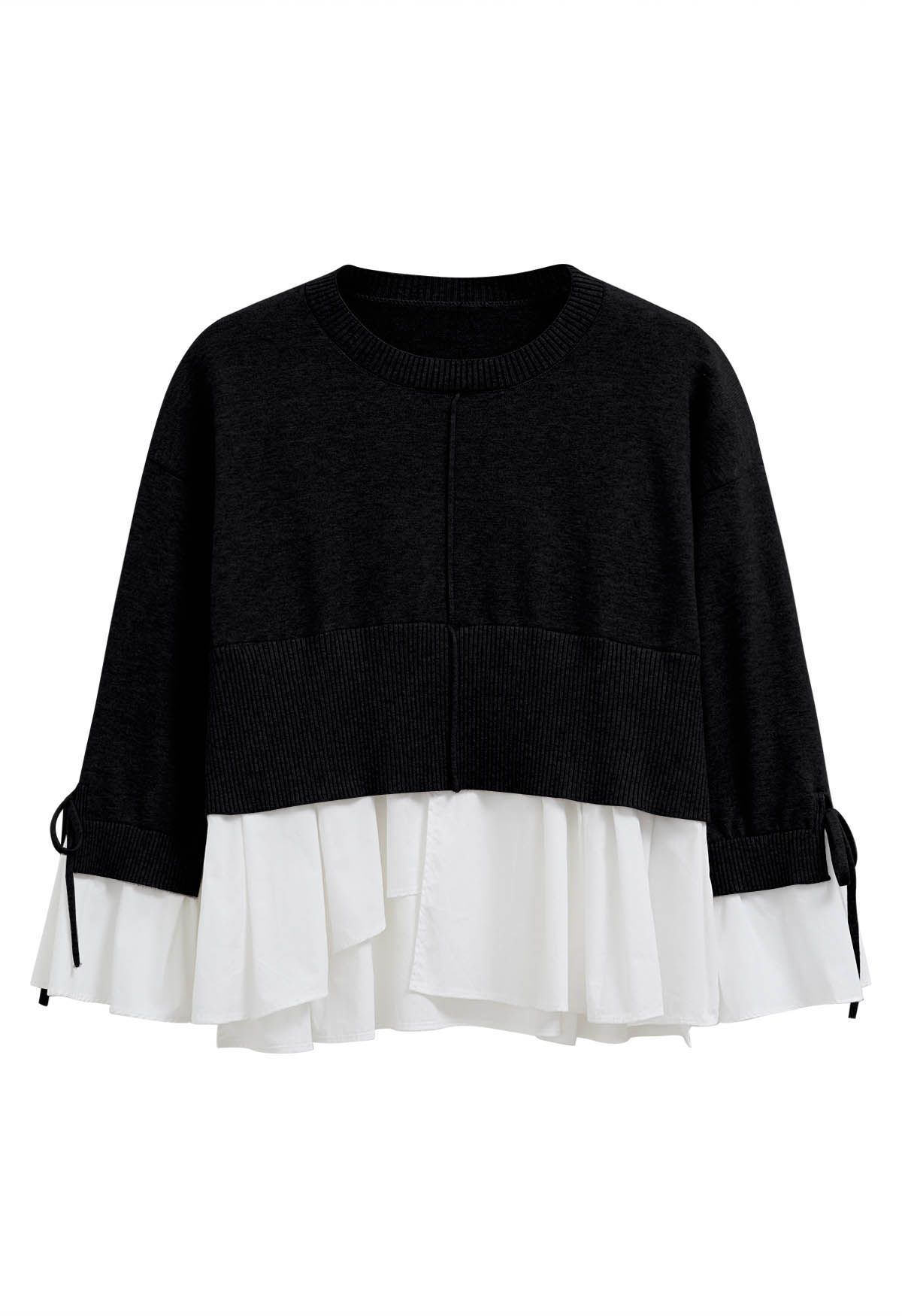 Tie-String Cuffs Spliced Cotton Hem Knit Top in Black