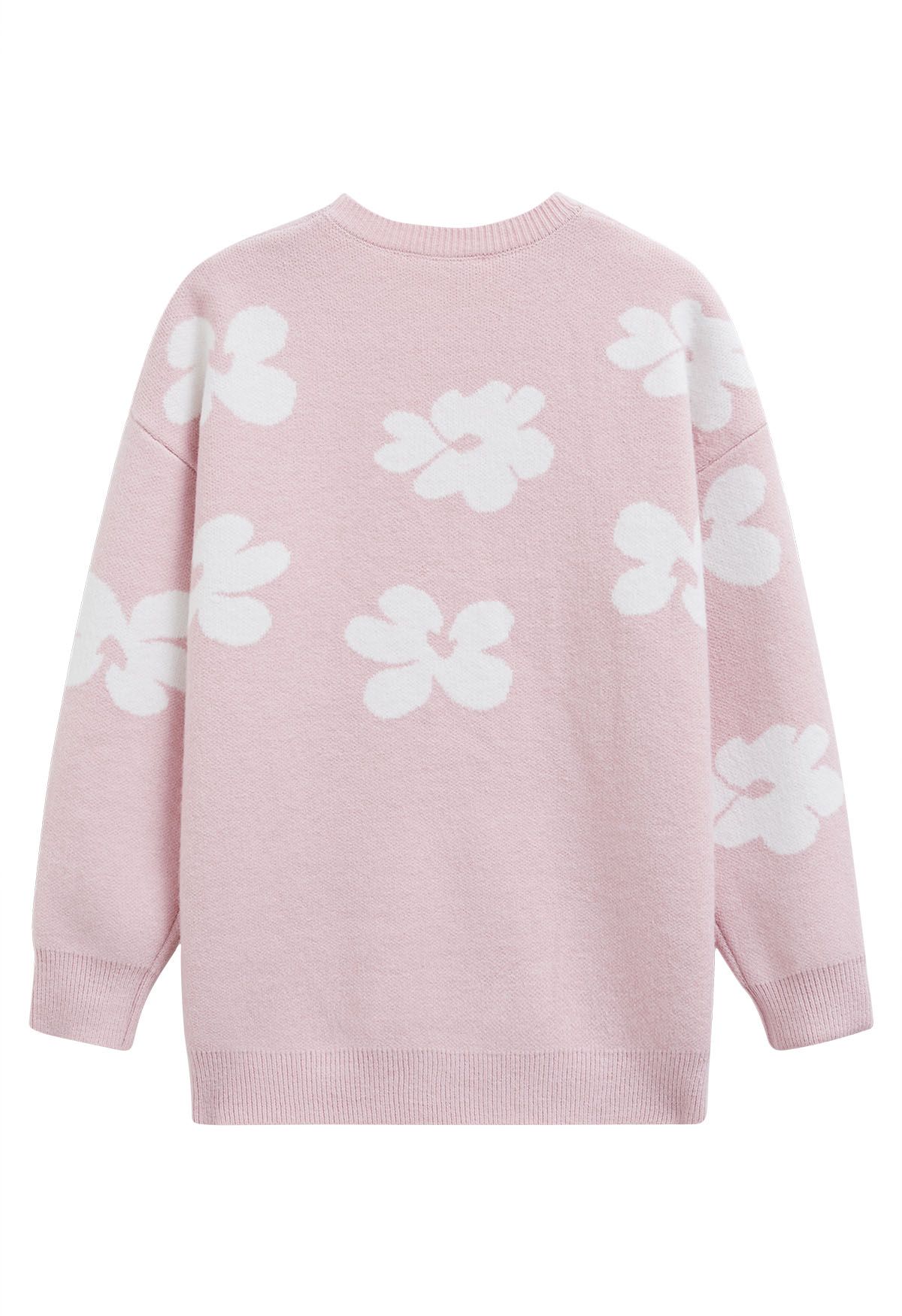 Contrast Flower Pattern Knit Sweater in Pink