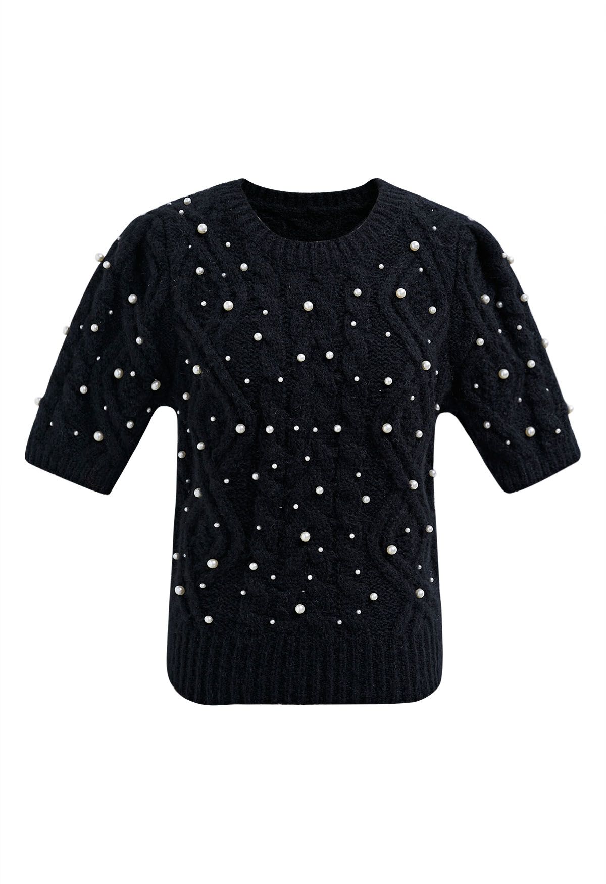 Pearly Short Sleeve Cable Knit Sweater in Black