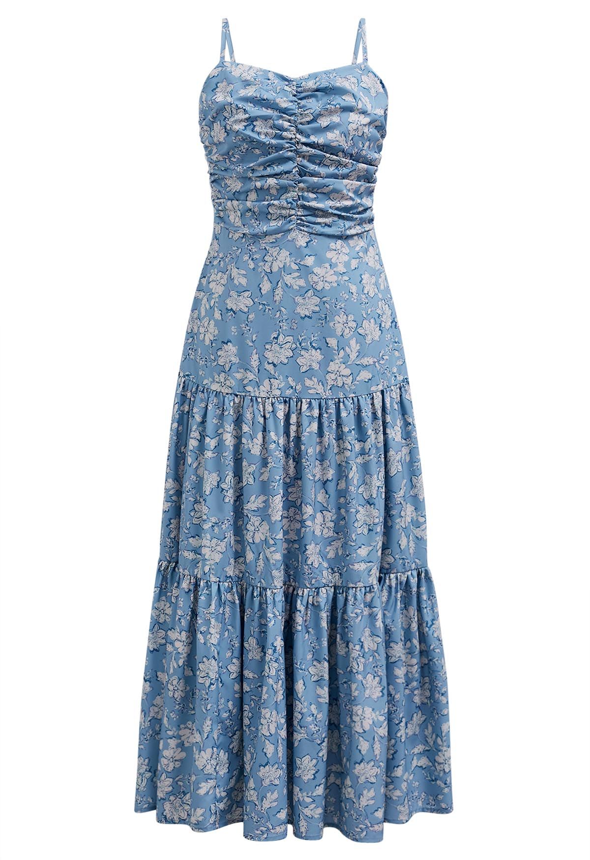 Bowknot Back Floral Print Cami Dress in Blue