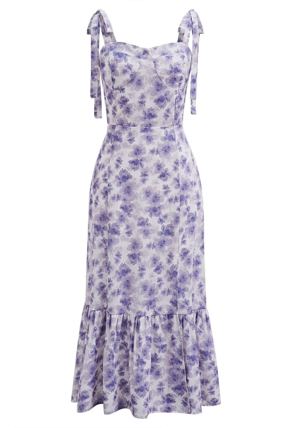 Floral Tie-Shoulder Split Midi Dress in Purple