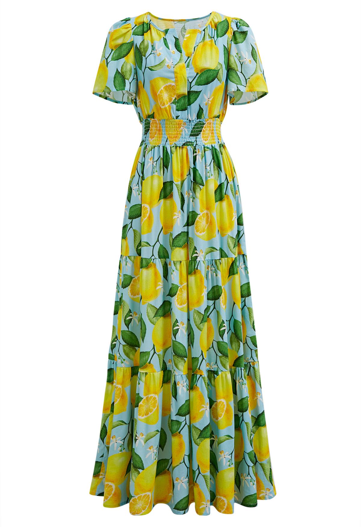 Zesty Yellow Lemon Printed Maxi Dress