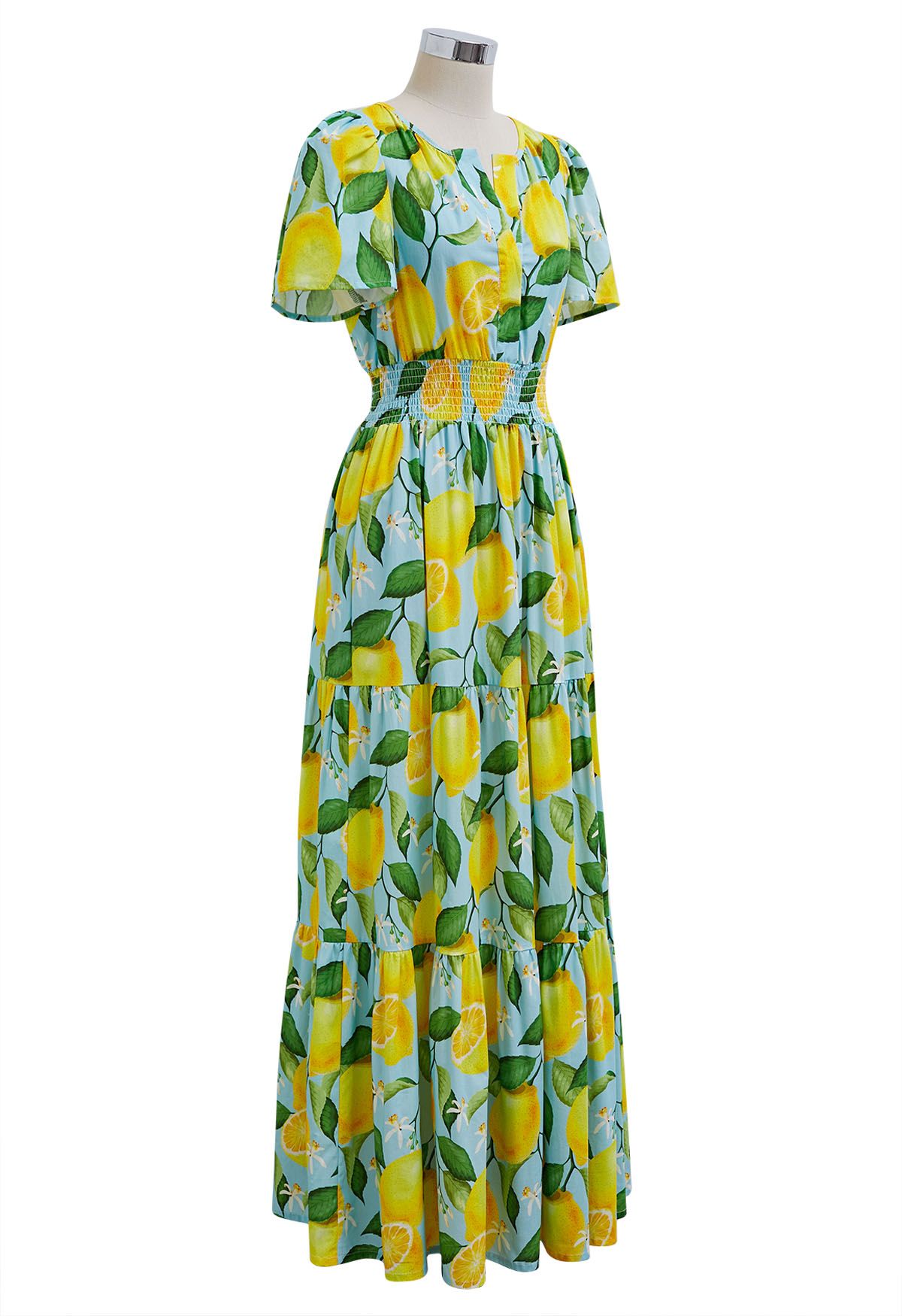 Zesty Yellow Lemon Printed Maxi Dress