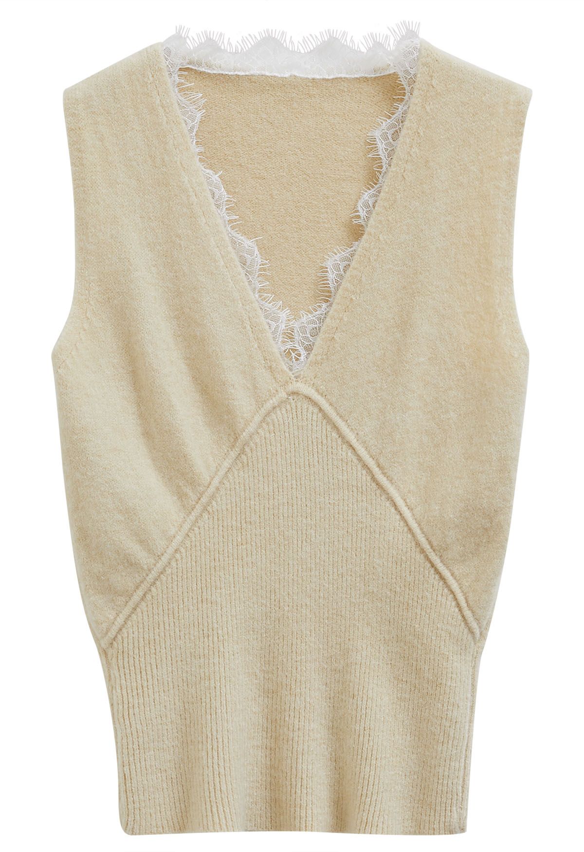 Lacy V-Neck Sleeveless Top and Cardigan Set in Light Yellow